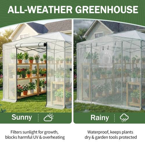 ALL-WEATHER GREENHOUSE

Sunny
Filters sunlight for growth, blocks harmful UV & overheating

Rainy
Waterproof, keeps plants dry & garden tools protected