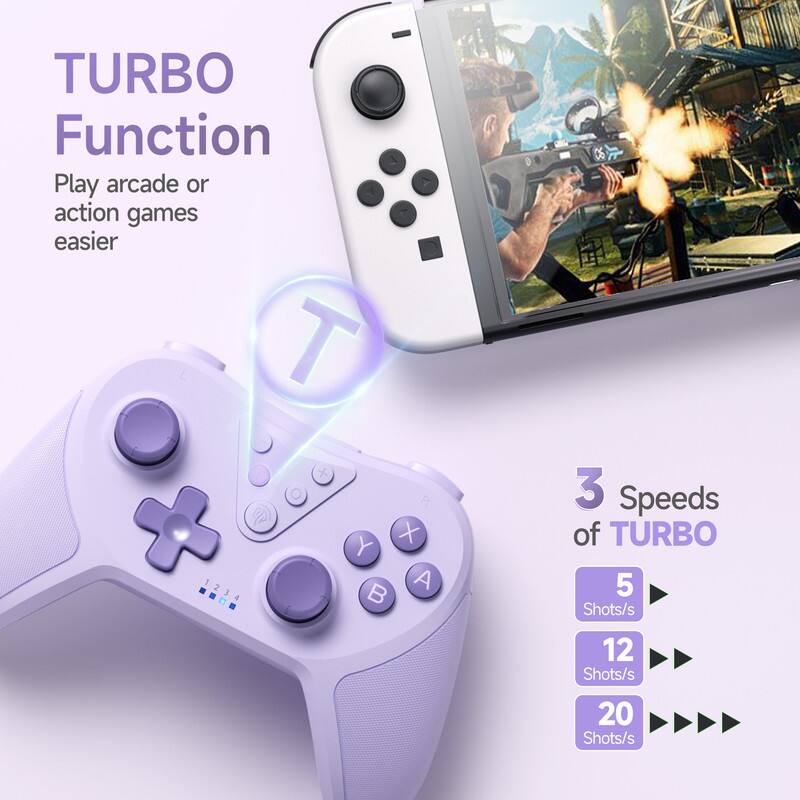 TURBO Function  
Play arcade or action games easier  

3 Speeds of TURBO  
5 Shots/s  
12 Shots/s  
20 Shots/s