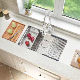 Akicon - 32 in. Undermount 18-Gauge Single Bowl Basin Stainless Steel Kitchen Sink with Grid, Board and Accessories - Silver