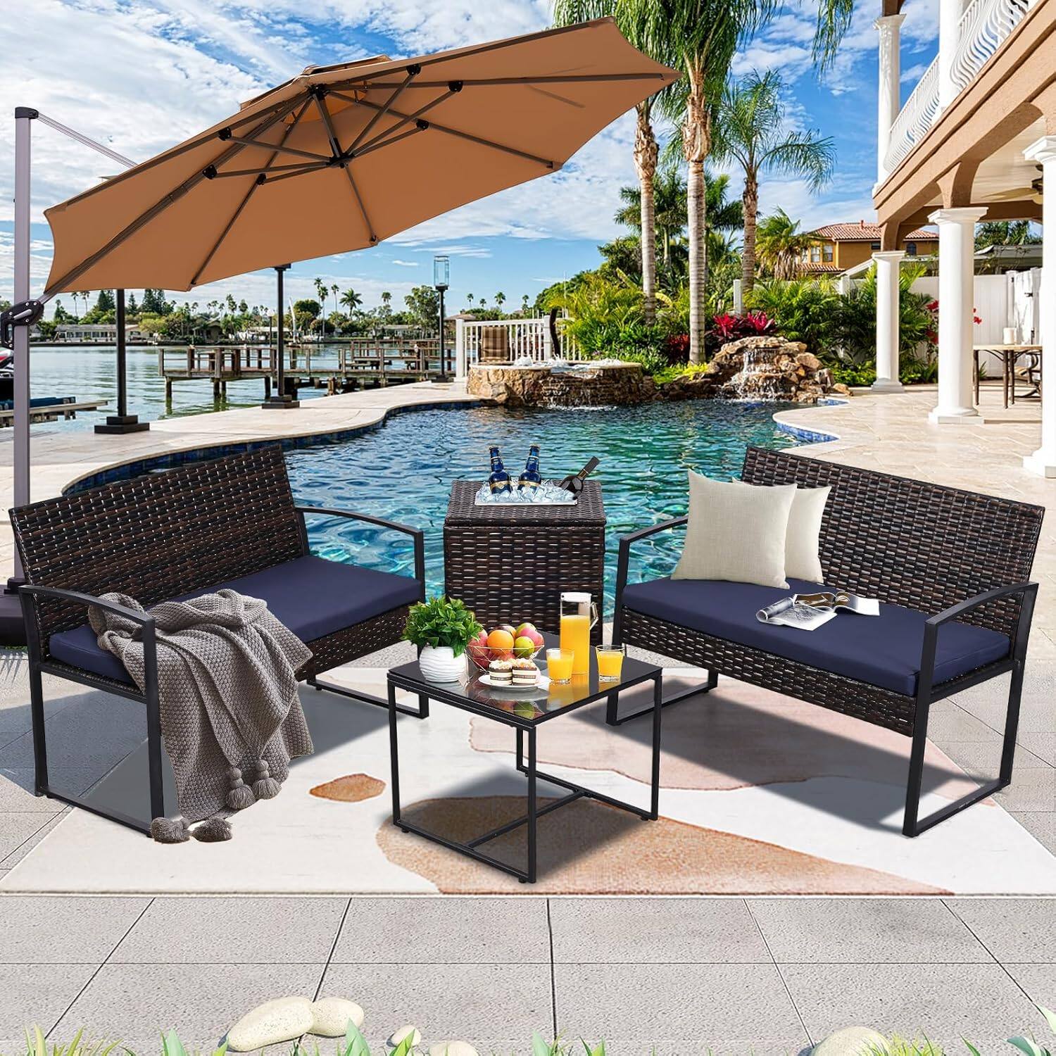 Alt View 1. Ainfox - Ainfox 4Piece Outdoor Patio Furniture Set with Ice Cooler Storage Box & Coffee Table for Outside, Garden, Balcony, Porch - Navy Blue.