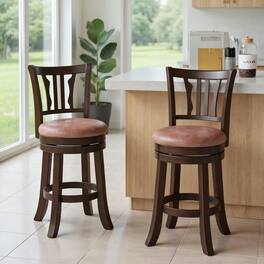 Kadyn - Set of 2 24-Inch Counter-Height Swivel Bar Stools with Backrest and Solid Rubberwood Frame, Cappuccino - Brown