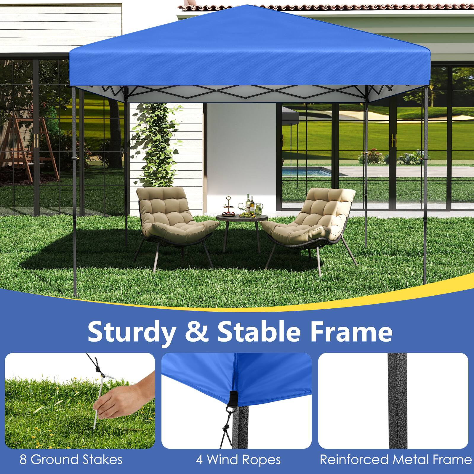 Sturdy & Stable Frame

8 Ground Stakes

4 Wind Ropes

Reinforced Metal Frame