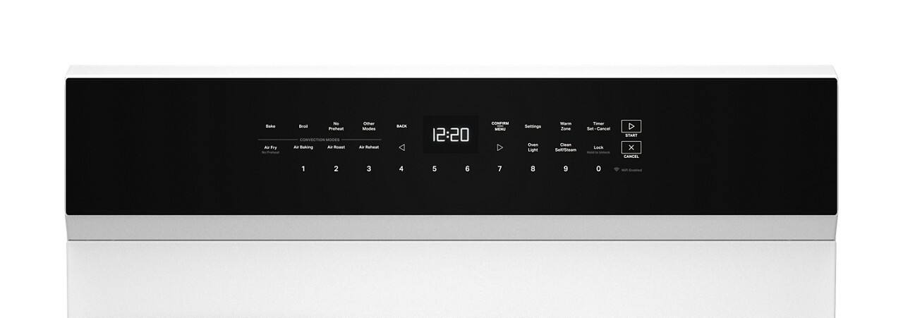 Bake  
Broil  
Air Fry  
Air Roast  
Convection  
No Preheat  
Other Modes  
BACK  

12:20  

CONFIRM MENU  
Settings  
Oven Light  
Warm Zone  
Self-Clean  
Lock  
Set/Sieam Timer  
Set  
Cancel  
Lock  

1 2 3 4 5 6 7 8 9 0