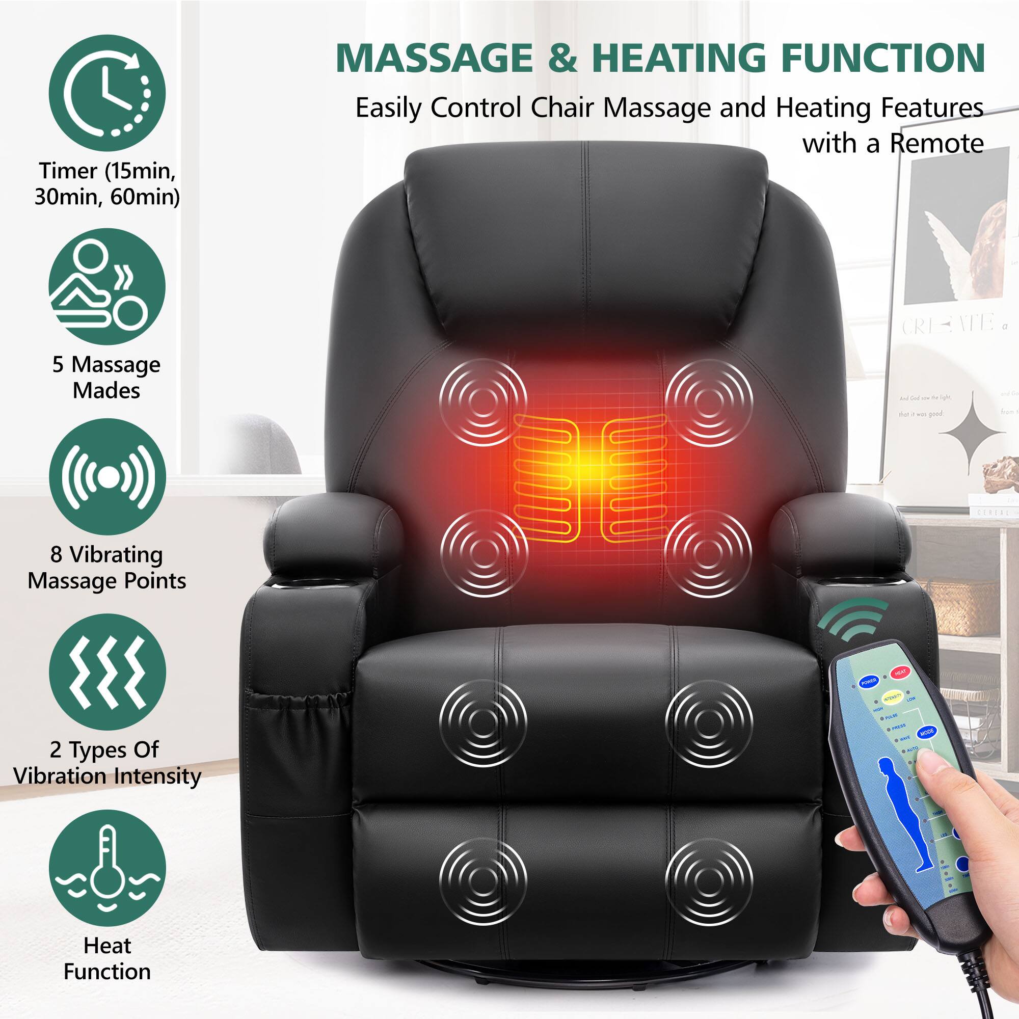 MASSAGE & HEATING FUNCTION  
Easily Control Chair Massage and Heating Features with a Remote  

- Timer (15min, 30min, 60min)  
- 5 Massage Modes  
- 8 Vibrating Massage Points  
- 2 Types of Vibration Intensity  
- Heat Function