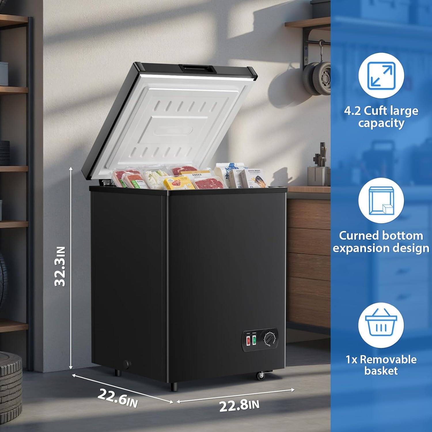 4.2 Cuft large capacity  
32.3IN Curved bottom expansion design  
22.6IN x 22.8IN  
1x Removable basket