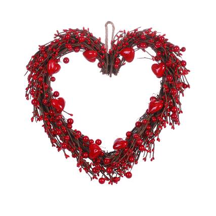 Front. Frangdom - Valentine Heart Wreath with Red Berries for Wedding Decor - Red,Size:15",Material:Grapevine.
