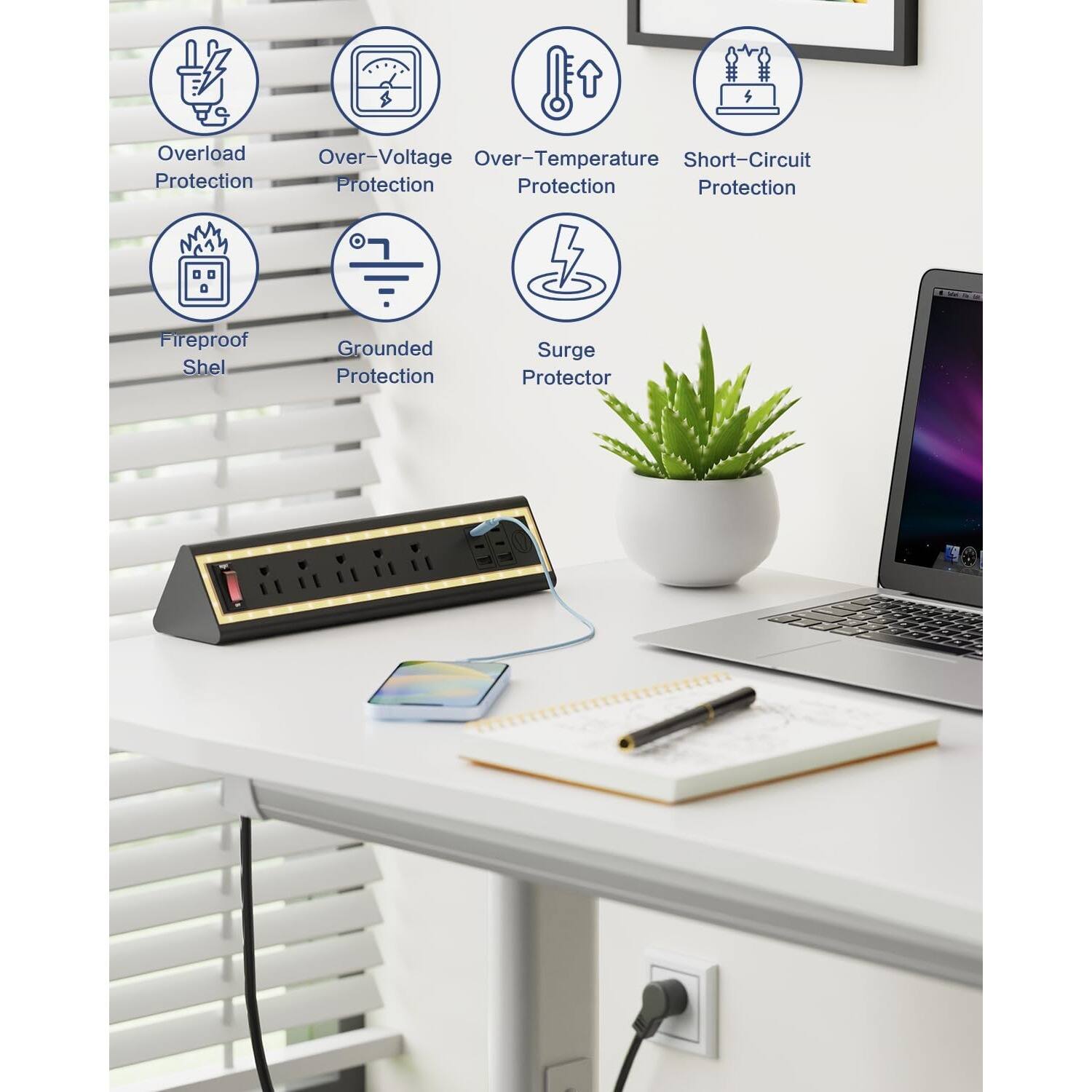 - Overload Protection
- Over-Voltage Protection
- Over-Temperature Protection
- Short-Circuit Protection
- Fireproof Shel
- Grounded Protection
- Surge Protector