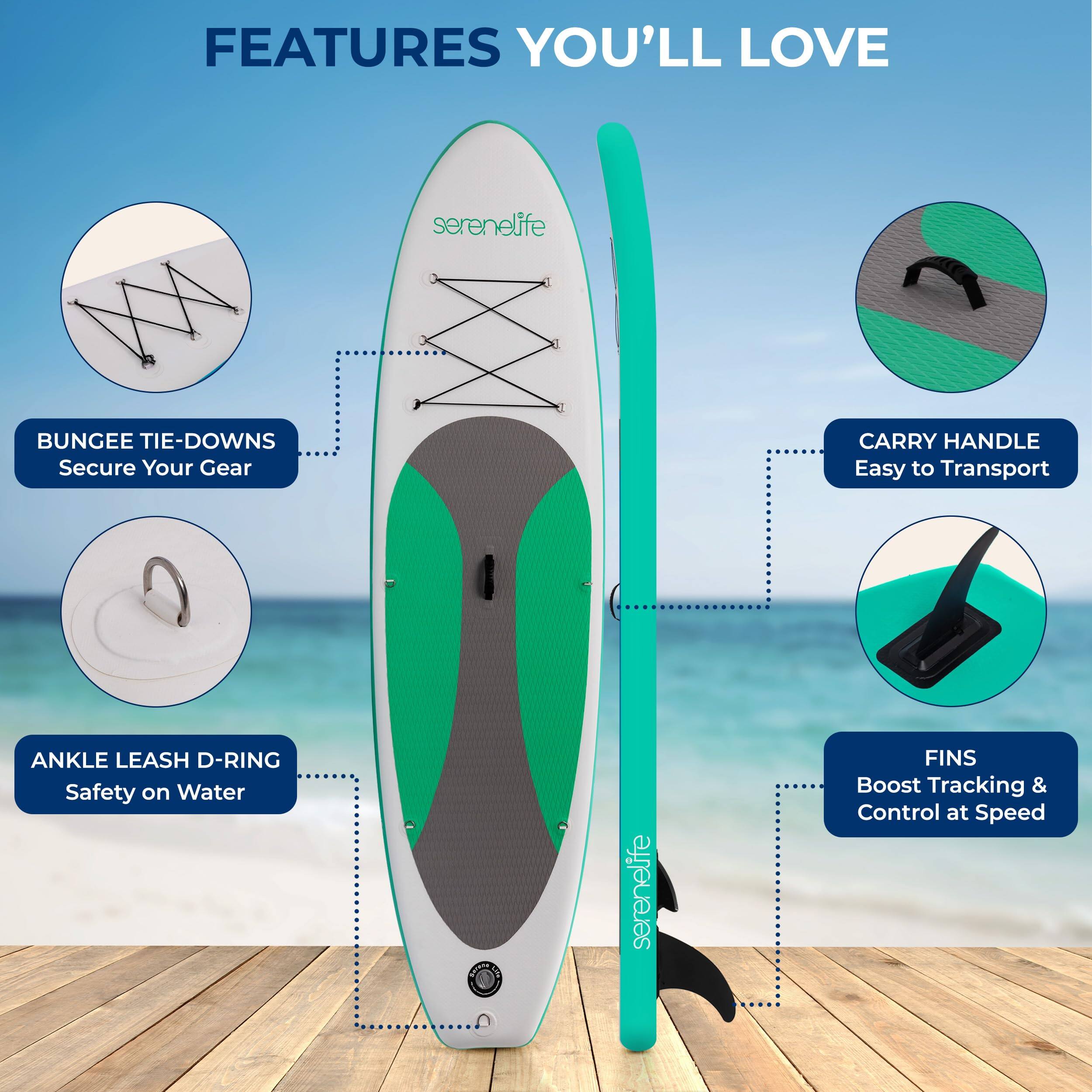 FEATURES YOU'LL LOVE

- BUNGEE TIE-DOWNS Secure Your Gear
- CARRY HANDLE Easy to Transport
- ANKLE LEASH D-RING Safety on Water
- FINS Boost Tracking & Control at Speed