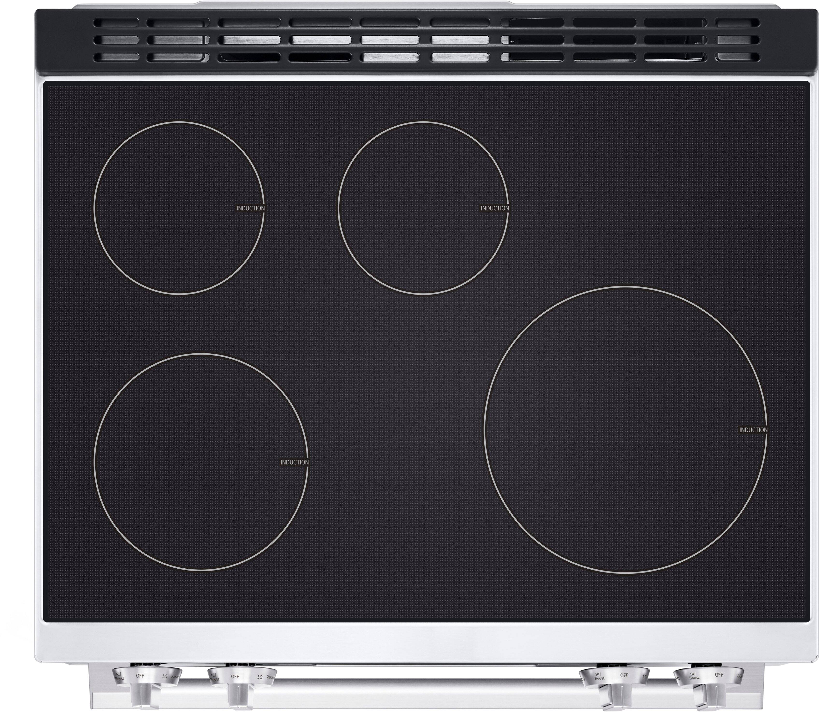 The text on the image is "Induction Induction Induction Induction." It appears to be a description of the stove's cooking method, which is induction cooking. Induction cooking uses electromagnetic fields to generate heat, providing a quick and efficient way to cook food.