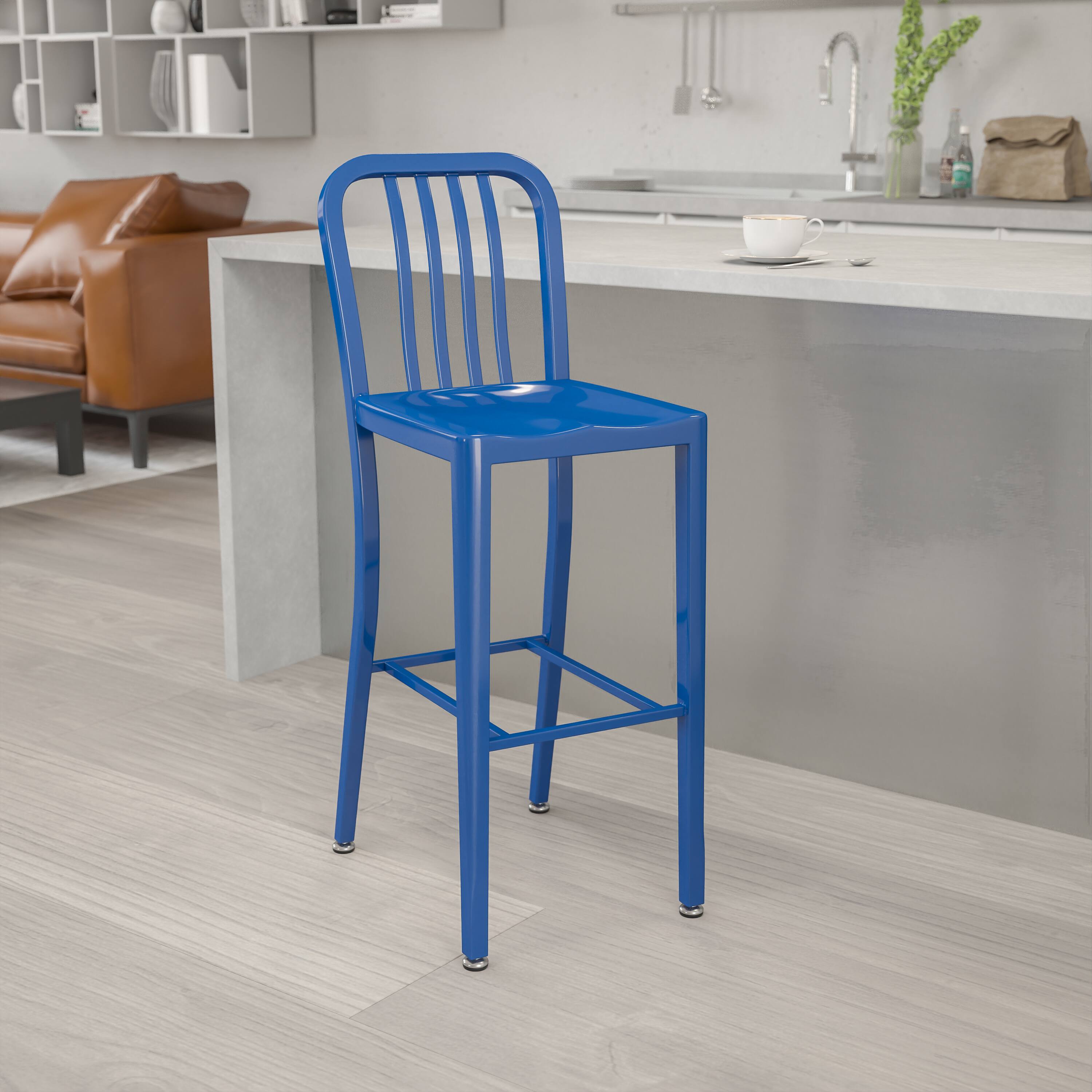Alt View 1. Emma + Oliver - Commercial Grade 30"H Colorful Metal Indoor-Outdoor Vertical Slat Back Barstool - Blue.