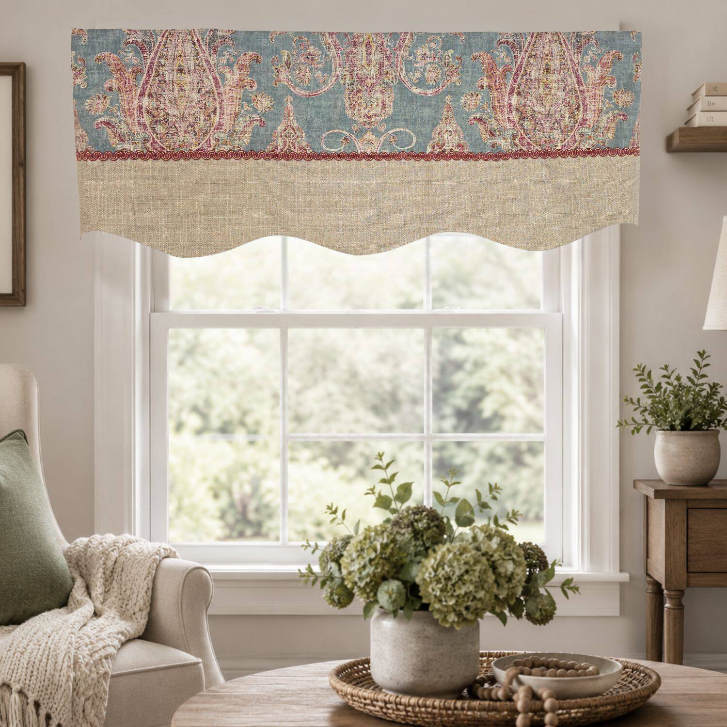 Angle. RLF Home - RLF Home 100% Cotton Fairtrade Trimmed Provance Lined Window Valance 50" x 17" Blue - Blue.