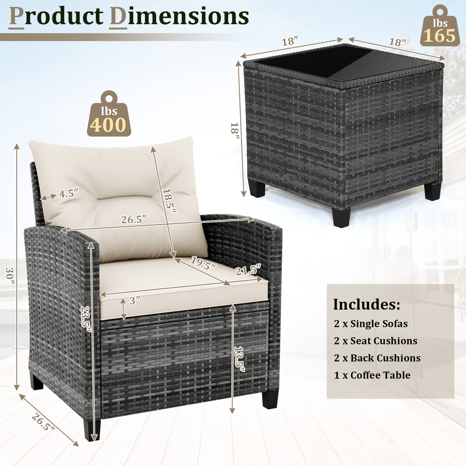 Product Dimensions

- Single Sofa: 18" W x 18.5" D x 30" H
- Seat Cushion: 26.5" W x 19.5" D x 3" H
- Back Cushion: 23.5" W x 4.5" D
- Coffee Table: 18" W x 18" D x 18" H

Includes:
- 2 x Single Sofas
- 2 x Seat Cushions
- 2 x Back Cushions
- 1 x Coffee Table

Weights:
- Sofa: 165 lbs
- Coffee Table: 400 lbs