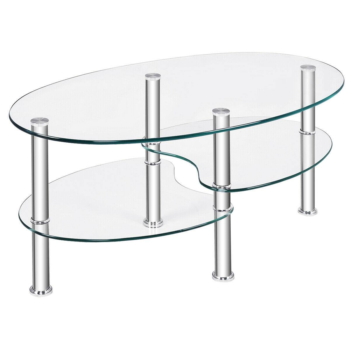 Front. Costway - Costway Tempered Glass Oval Side Coffee Table Shelf Chrome Base Living Room Clear - Clear.