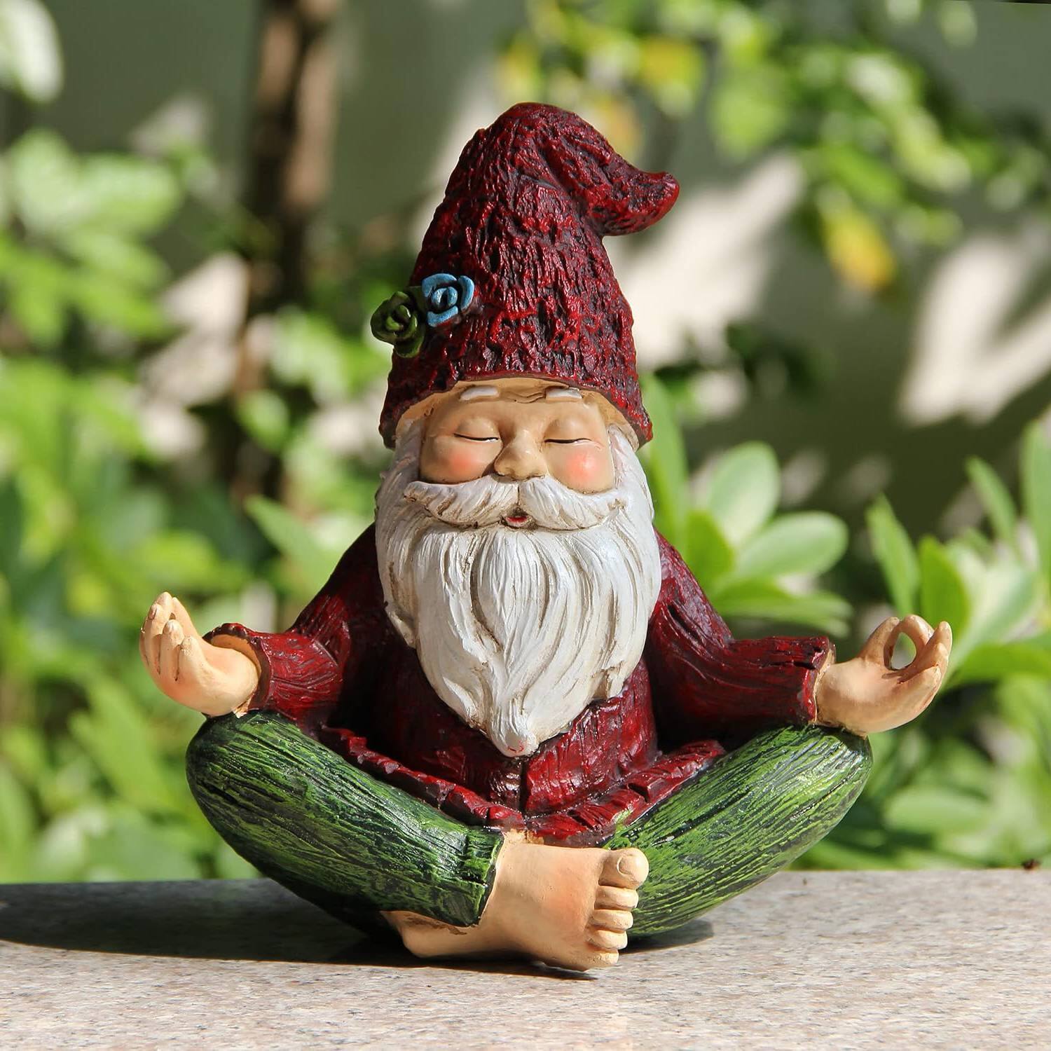 Front. SlickBlue - Zen Garden Solar Gnome Statue Meditating in Yoga Pose for Patio - Red, Green.
