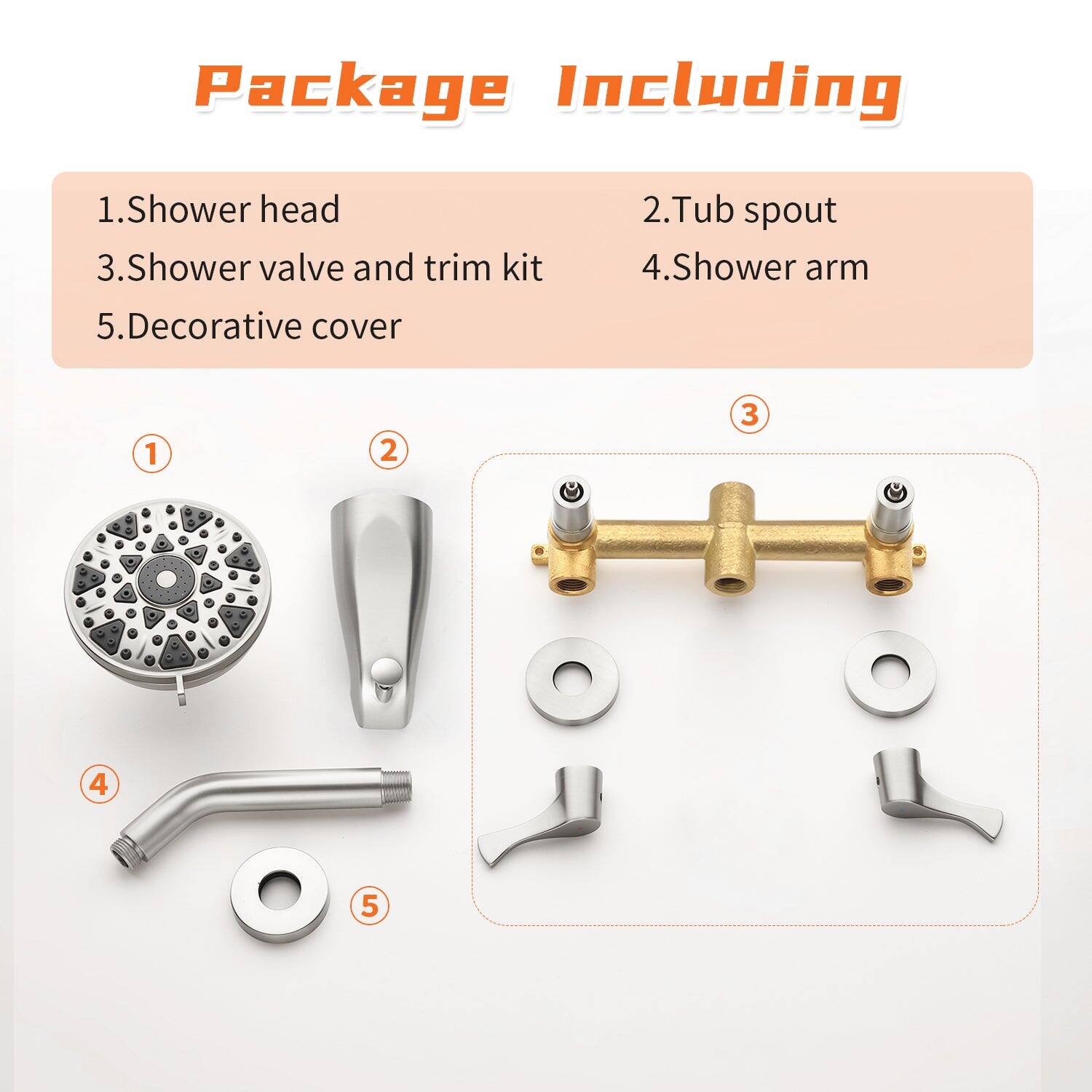 Package Including

1. Shower head  
2. Tub spout  
3. Shower valve and trim kit  
4. Shower arm  
5. Decorative cover