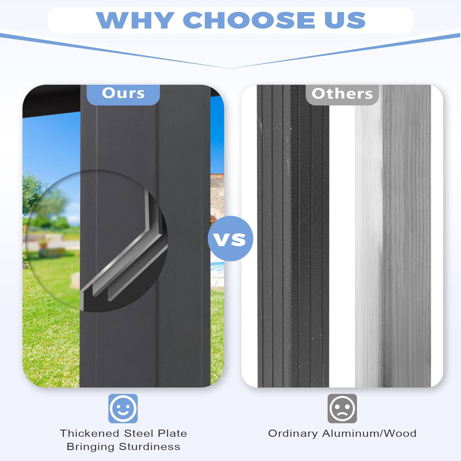 **WHY CHOOSE US**

**Ours**  
Thickened Steel Plate  
Bringing Sturdiness

**Others**  
Ordinary Aluminum/Wood