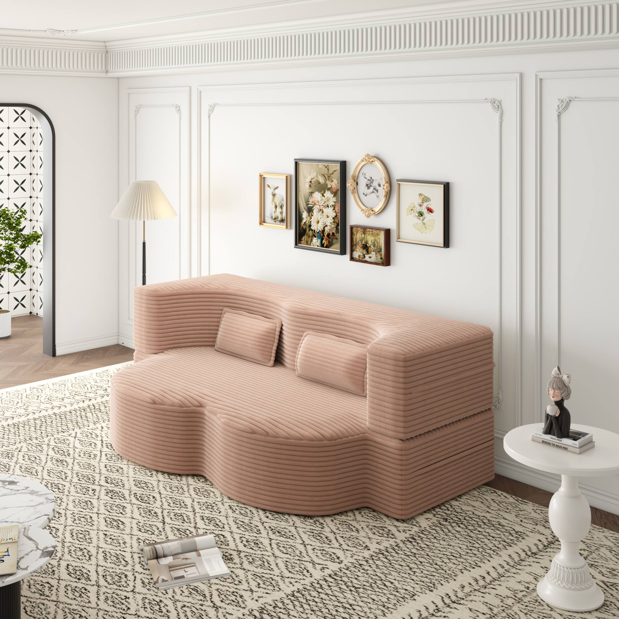 Back. GOODSILO - Convertible Plush Corduroy Floor Sleeper Sofa with Dual Pillows for Living Room and Guest Use - Pink.