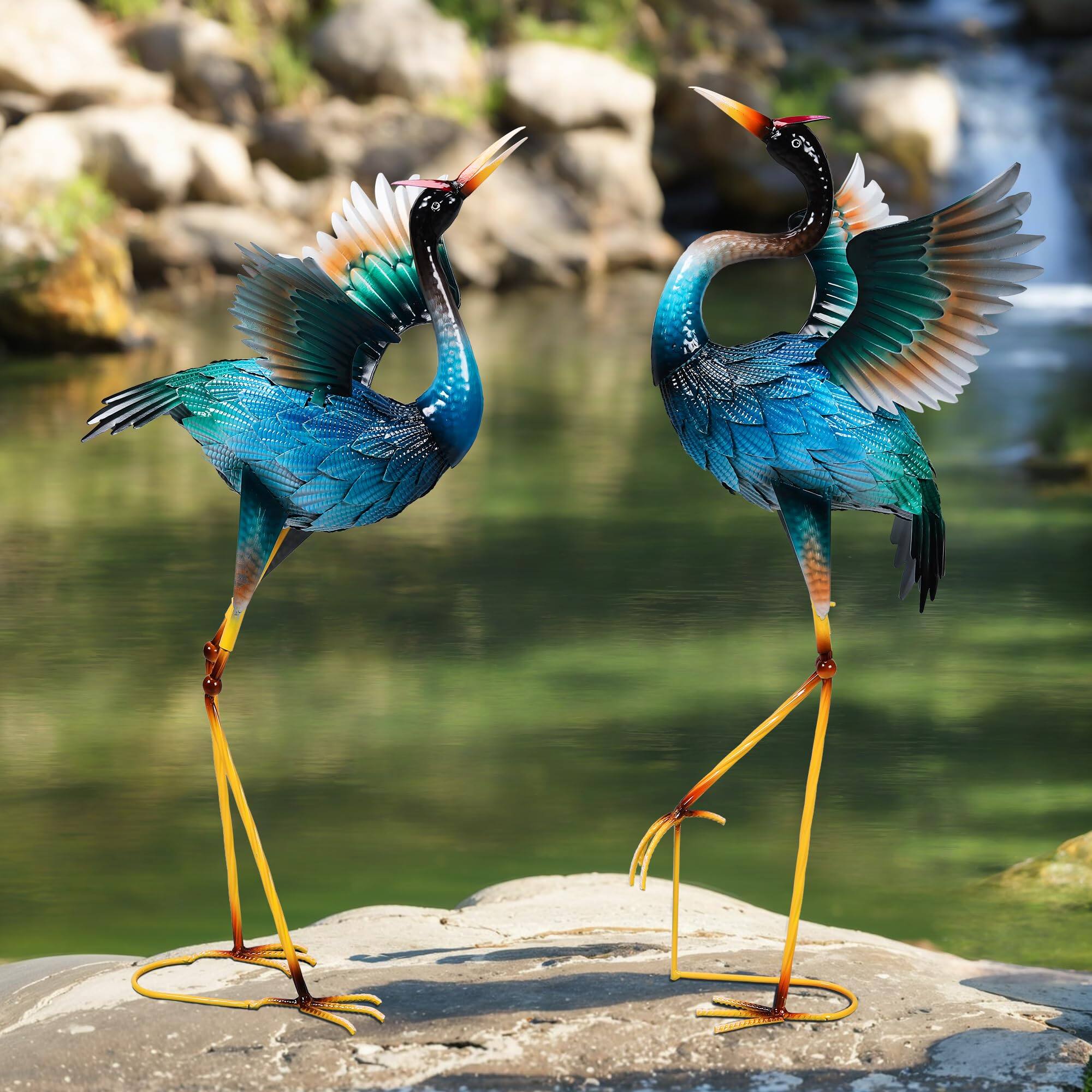 Front. Alchemy Casas - Garden Statues Large Metal Crane Sculptures Outdoor Heron Statue Yard Art For Decor Realistic Bird Standing.