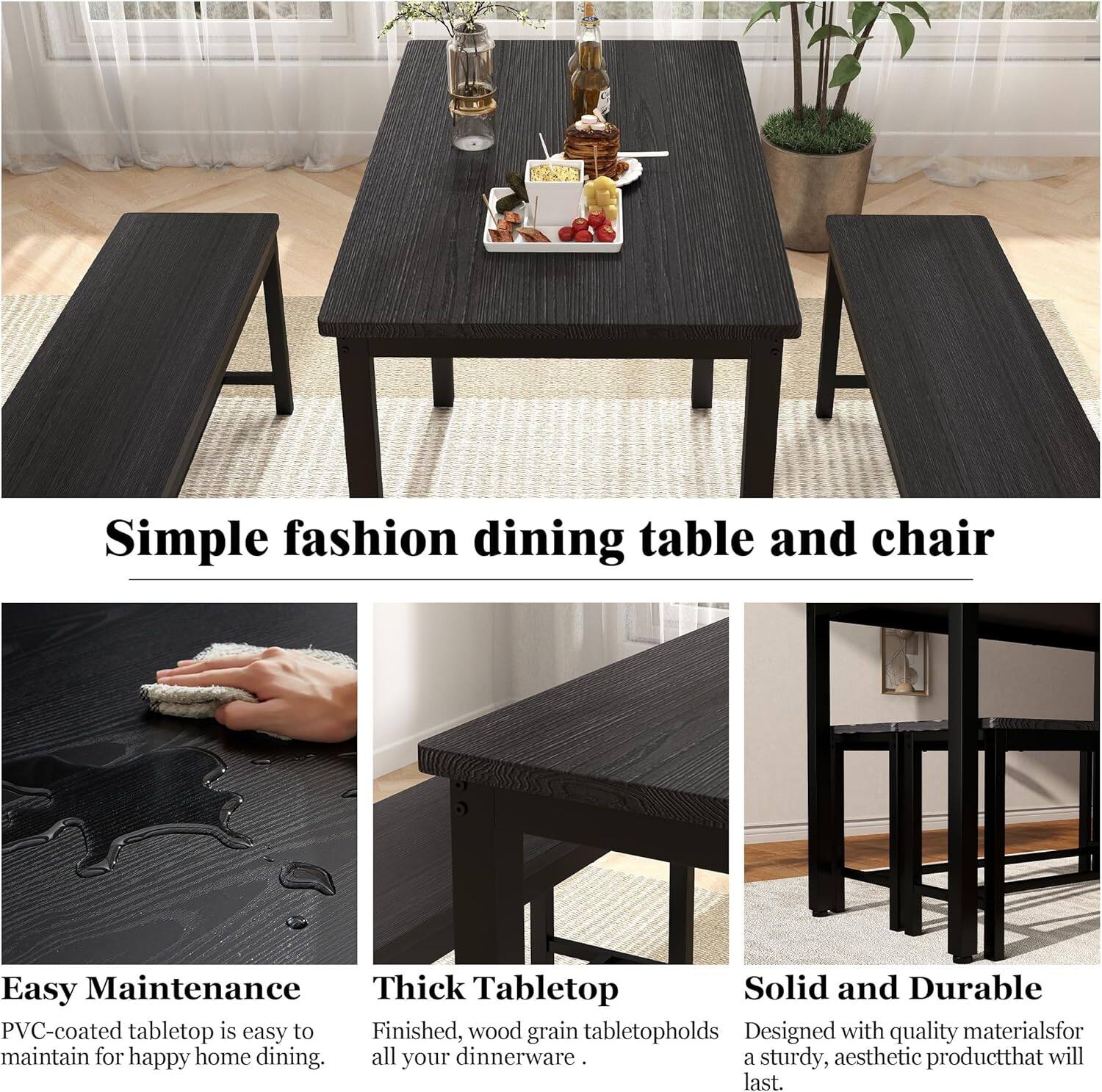 Simple fashion dining table and chair

Easy Maintenance  
PVC-coated tabletop is easy to maintain for happy home dining.

Thick Tabletop  
Finished, wood grain tabletop holds all your dinnerware.

Solid and Durable  
Designed with quality materials for a sturdy, aesthetic product that will last.
