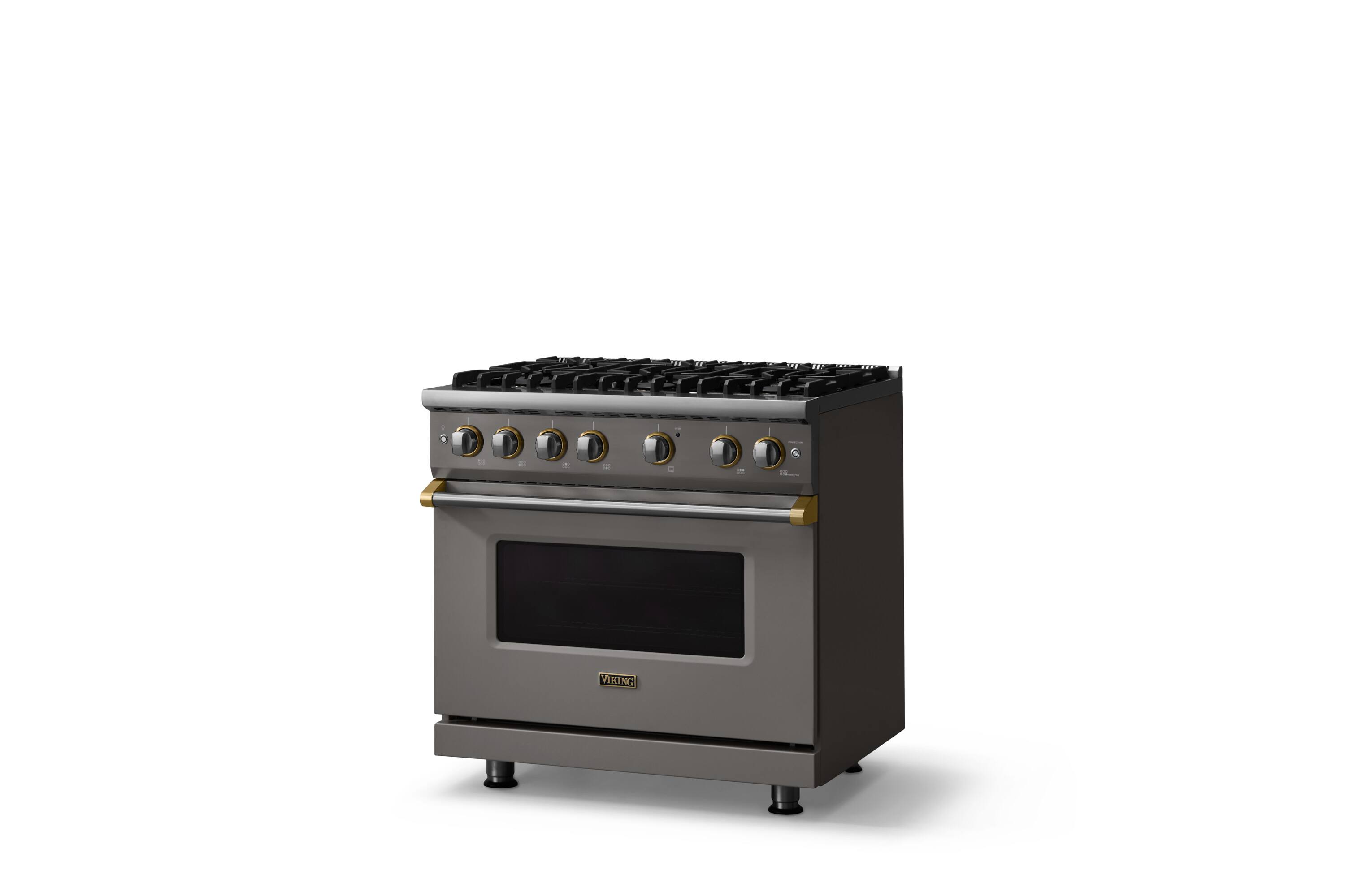 Angle. Viking - Pro 5 Series 5.1 Cu. Ft. Freestanding Sealed 6 Burner Gas Convection Range - Damascus Gray w. Brushed Brass Trim - Damascus Gray.