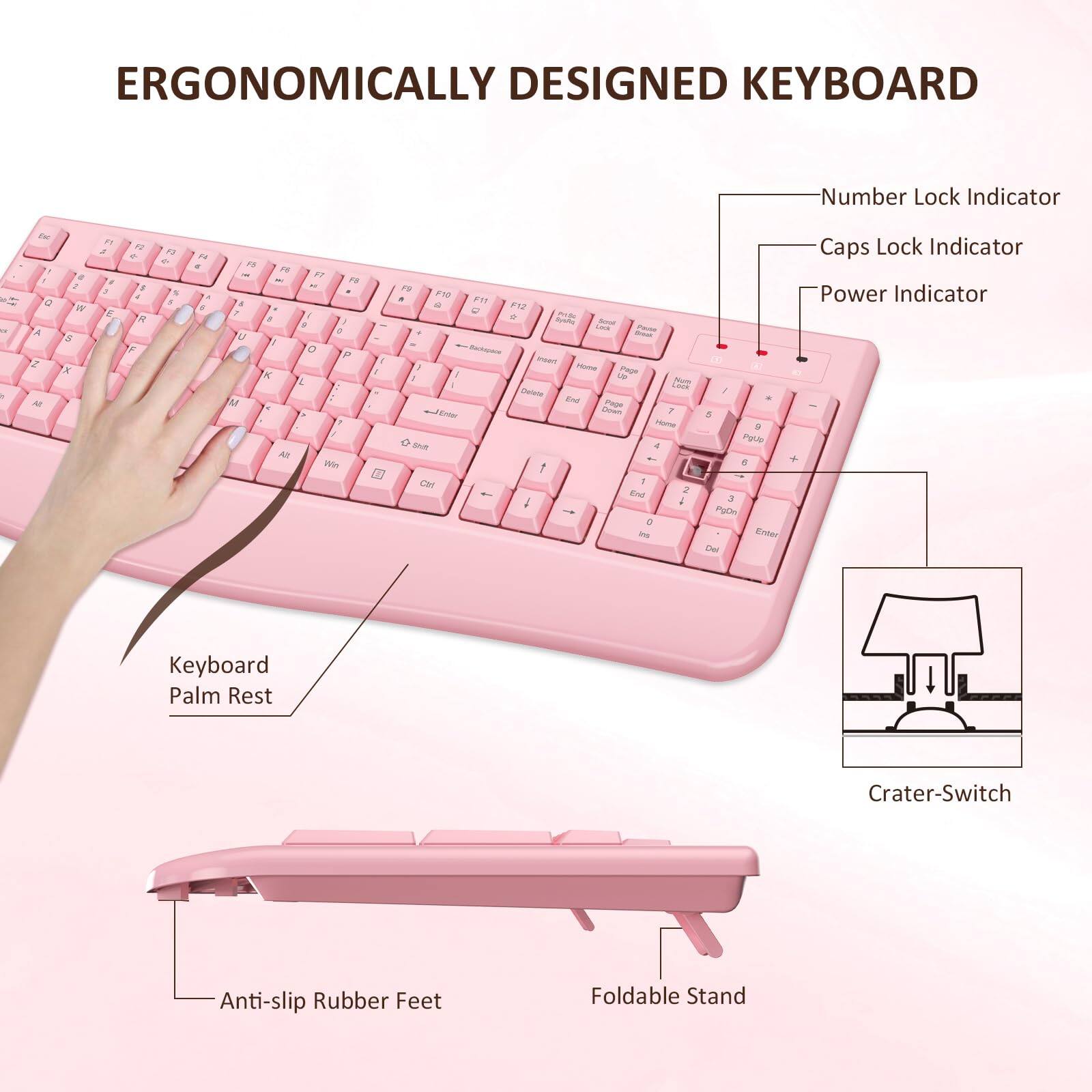 ERGONOMICALLY DESIGNED KEYBOARD

- Number Lock Indicator
- Caps Lock Indicator
- Power Indicator
- Keyboard Palm Rest
- Crater-Switch
- Anti-slip Rubber Feet
- Foldable Stand