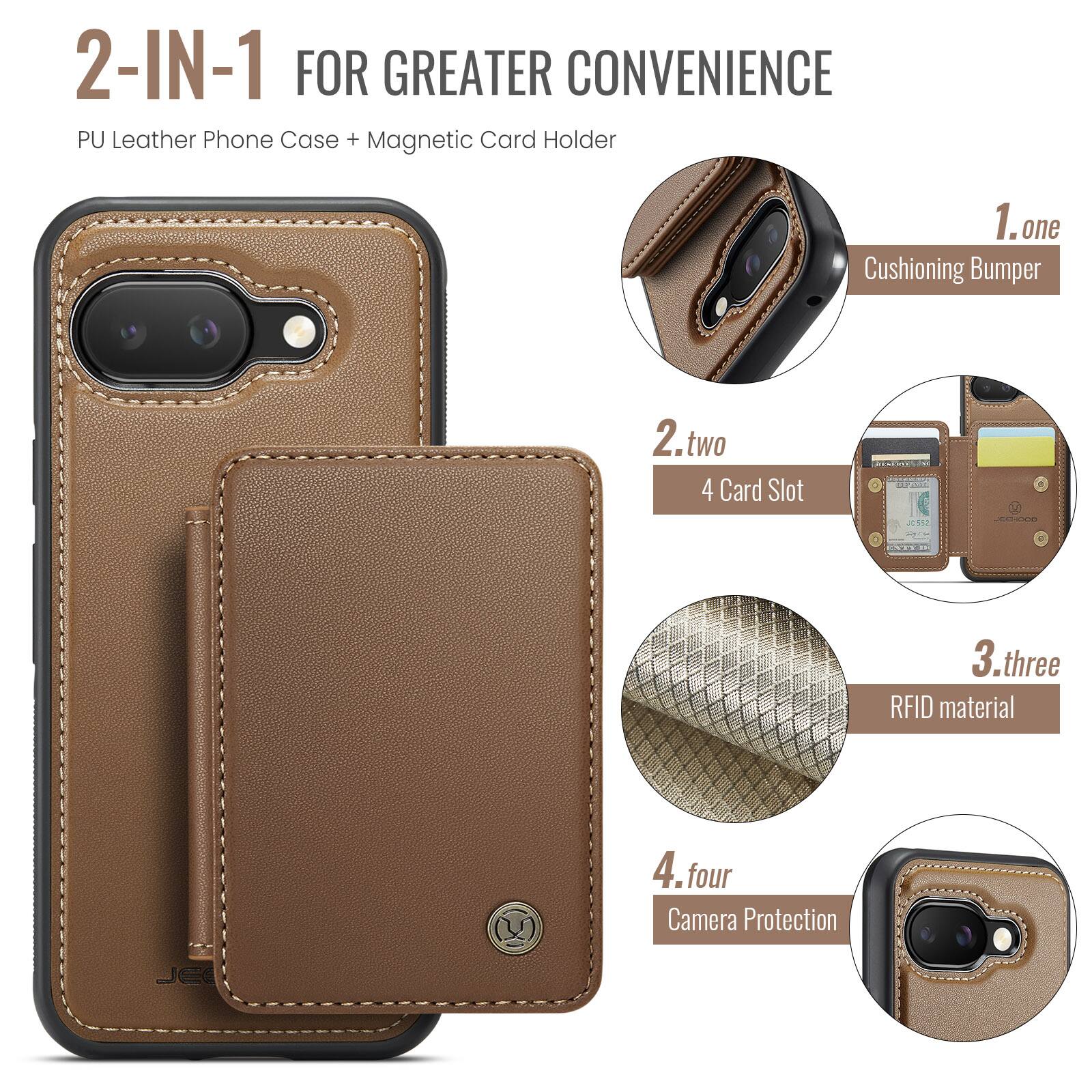 2-IN-1 FOR GREATER CONVENIENCE  
PU Leather Phone Case + Magnetic Card Holder  

1. one  
Cushioning Bumper  

2. two  
4 Card Slot  

3. three  
RFID material  

4. four  
Camera Protection