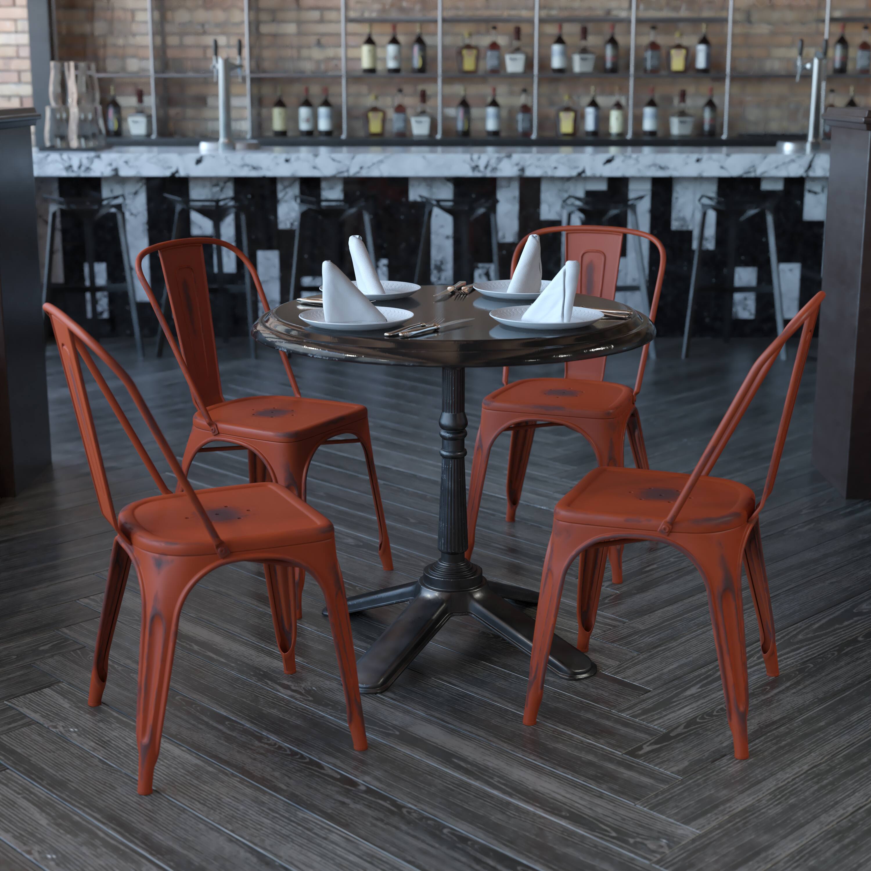 Alt View 2. Emma + Oliver - Commercial Grade 4 Pack Distressed Metal Indoor-Outdoor Stackable Chair - Kelly Red.