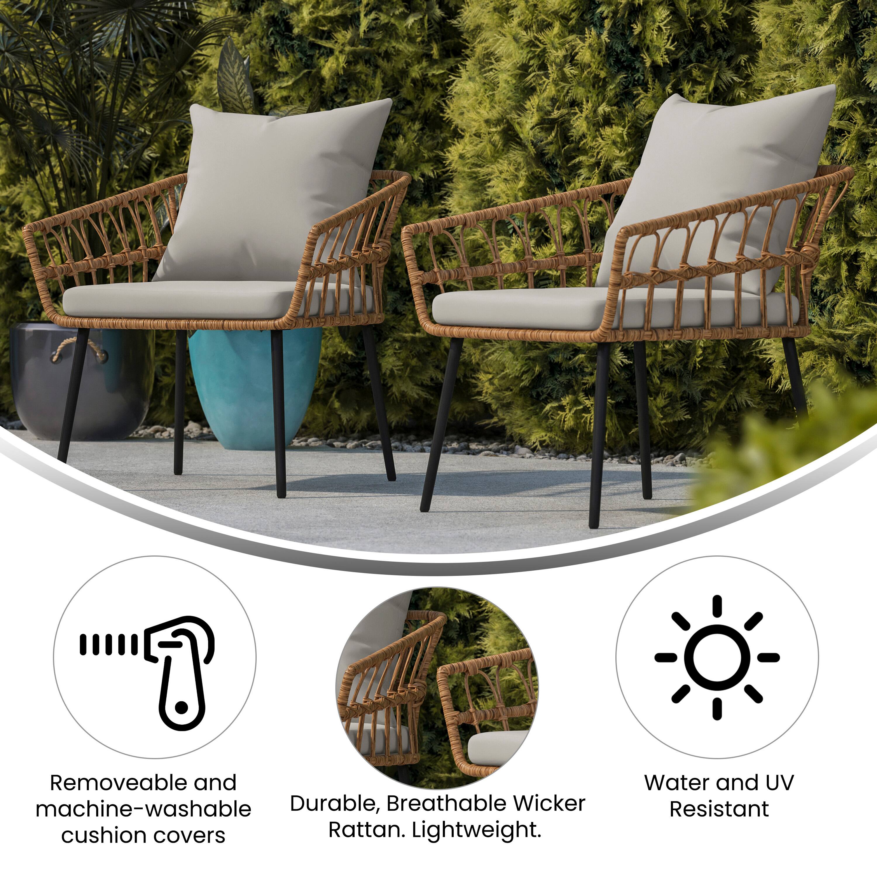 - Removeable and machine-washable cushion covers
- Durable, Breathable Wicker Rattan. Lightweight.
- Water and UV Resistant