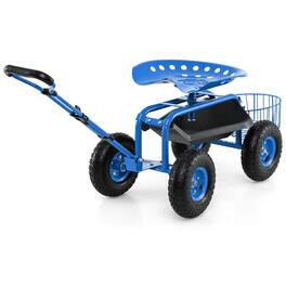 Costway - Garden Cart Patio Wagon Roll Work Seat with Tray Basket Extendable Handle - Blue