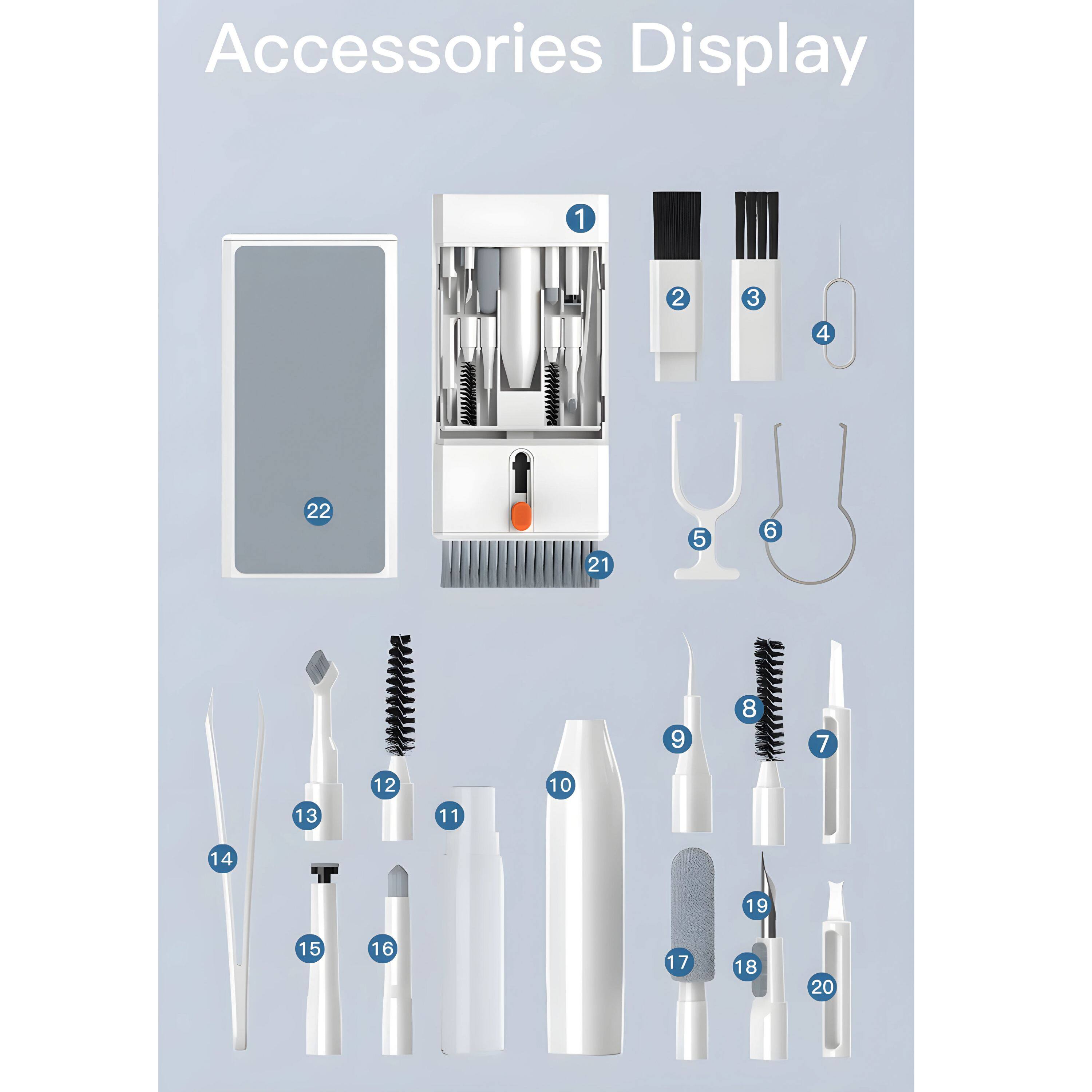 Accessories Display

1. Main unit
2. Brush head
3. Brush head
4. Loop
5. U-shaped tool
6. U-shaped tool
7. Brush head
8. Brush head
9. Brush head
10. Spray bottle
11. Brush head
12. Brush head
13. Tool
14. Tool
15. Tool
16. Tool
17. Tool
18. Tool
19. Tool
20. Tool
21. Main unit
22. Mirror