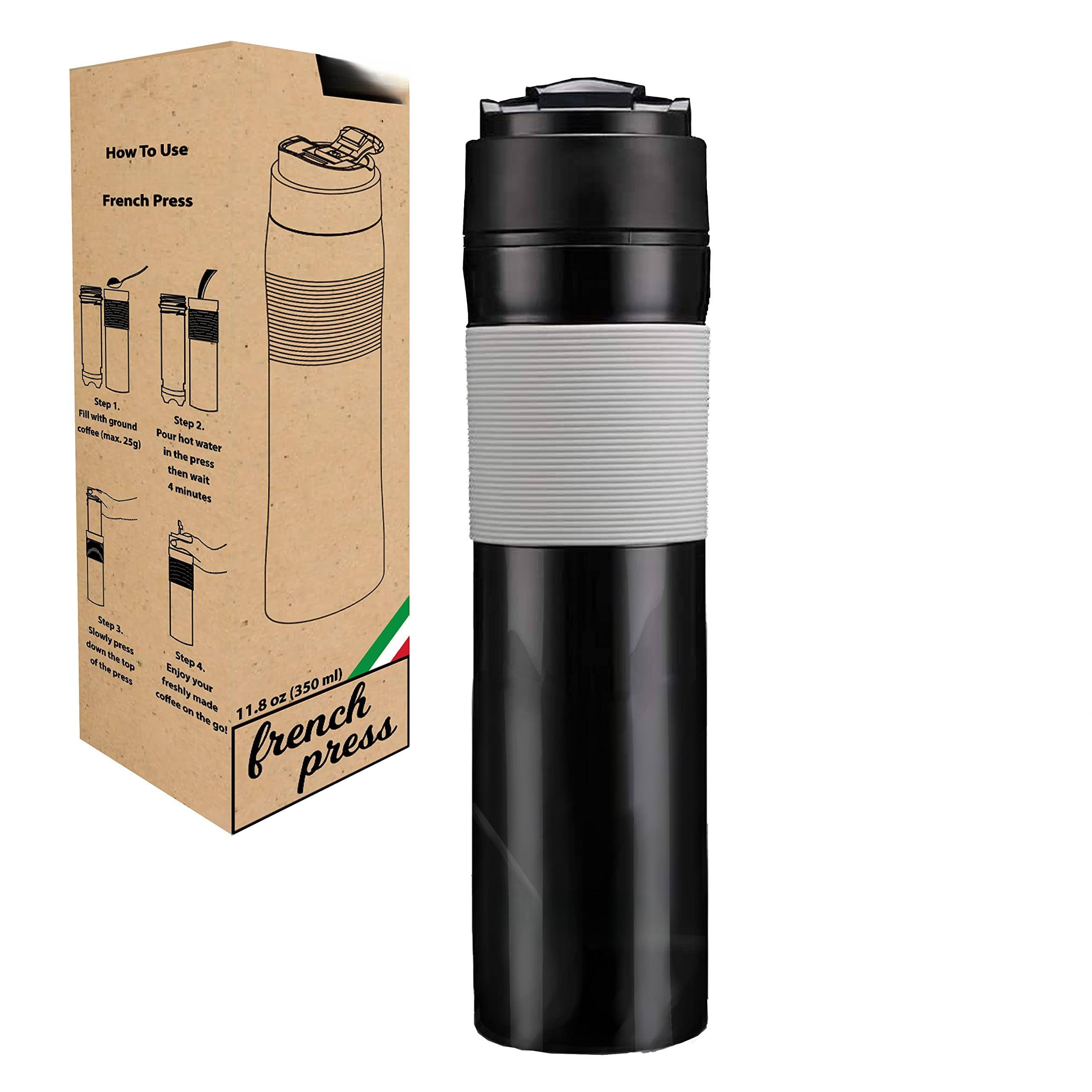 How To Use  
French Press  

Step 1: Fill with ground coffee (max 25g)  
Step 2: Pour hot water in the press then wait 4 minutes  
Step 3: Gently press down the top of the press  
Step 4: Enjoy your coffee on the go!  

11.8 oz (350 ml)  
French Press  

Enjoy your coffee on the go!  
French Press