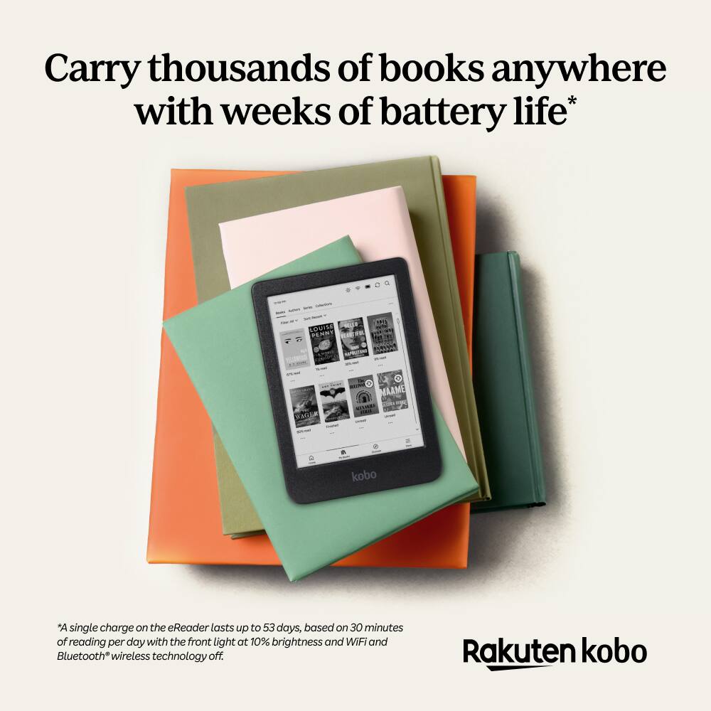 Carry thousands of books anywhere with weeks of battery life*  
*A single charge on the eReader lasts up to 53 days, based on 30 minutes of reading per day with the front light at 10% brightness and WiFi and Bluetooth wireless technology off.  
Rakuten kobo