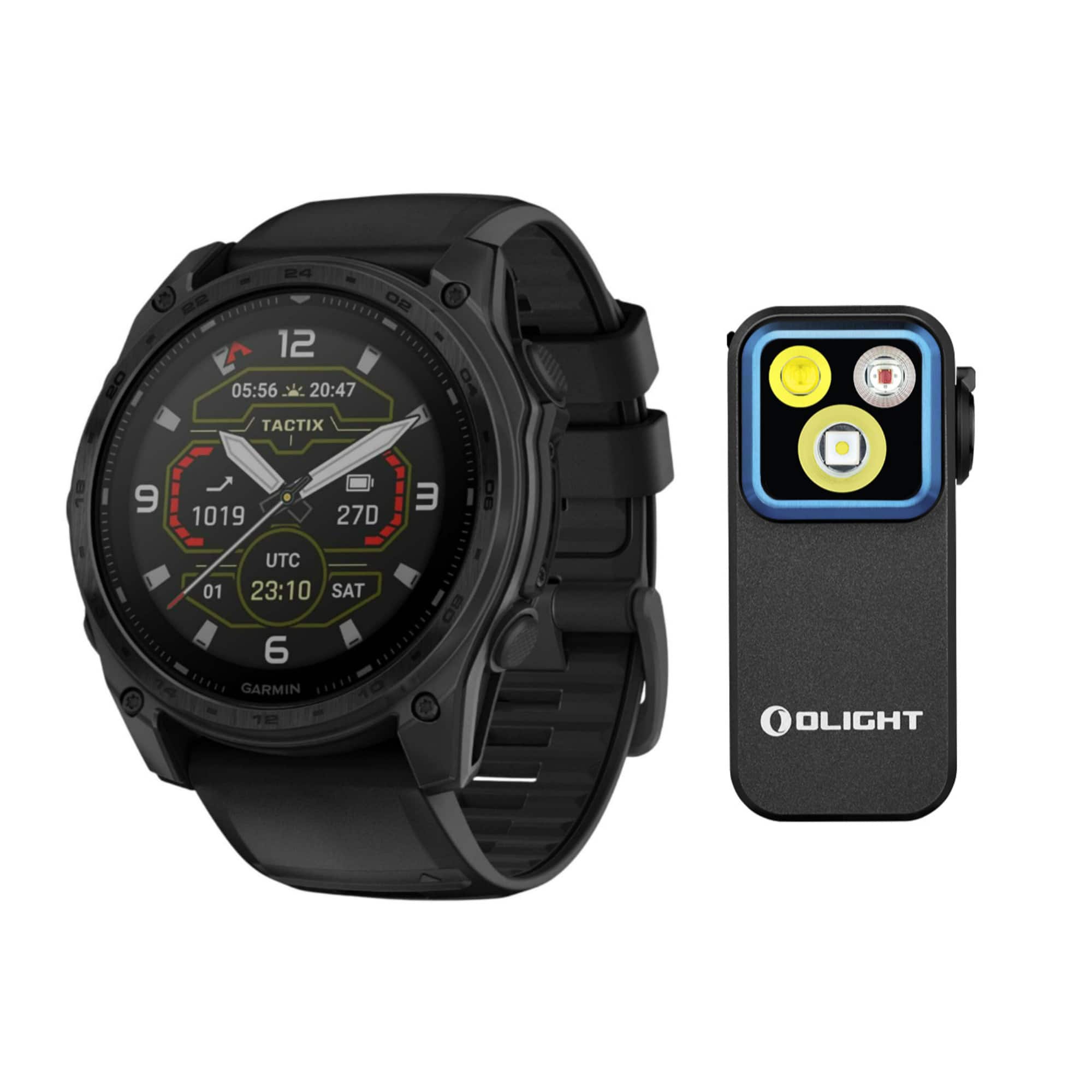 The corrected and grouped text from the image is:

- **Time:** 05:56 / 20:47
- **Watch Model:** TACTIX
- **Date:** 1019
- **Bearing:** 27D
- **Time Zone:** UTC 01
- **Day:** SAT
- **Brand:** GARMIN
- **Accessory Brand:** OOLIGHT
