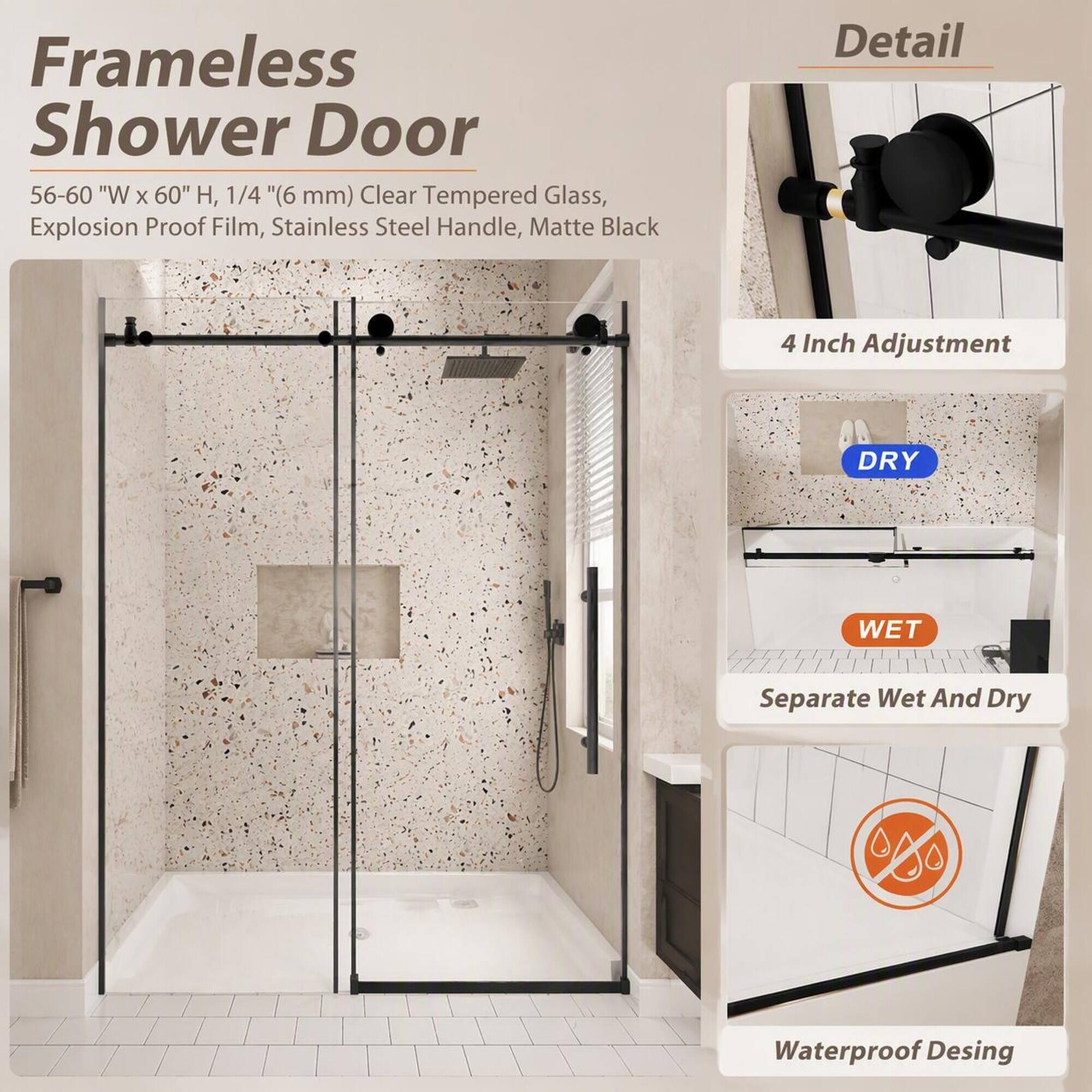 RYHNUYNE Frameless Shower Door 56 60