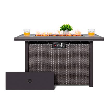 Front. Nuu Garden - 43-inch Rattan Gas Fire Pit Table with Water-proof Oxford Cover, Glass Beads and Lid - Dark Brown.