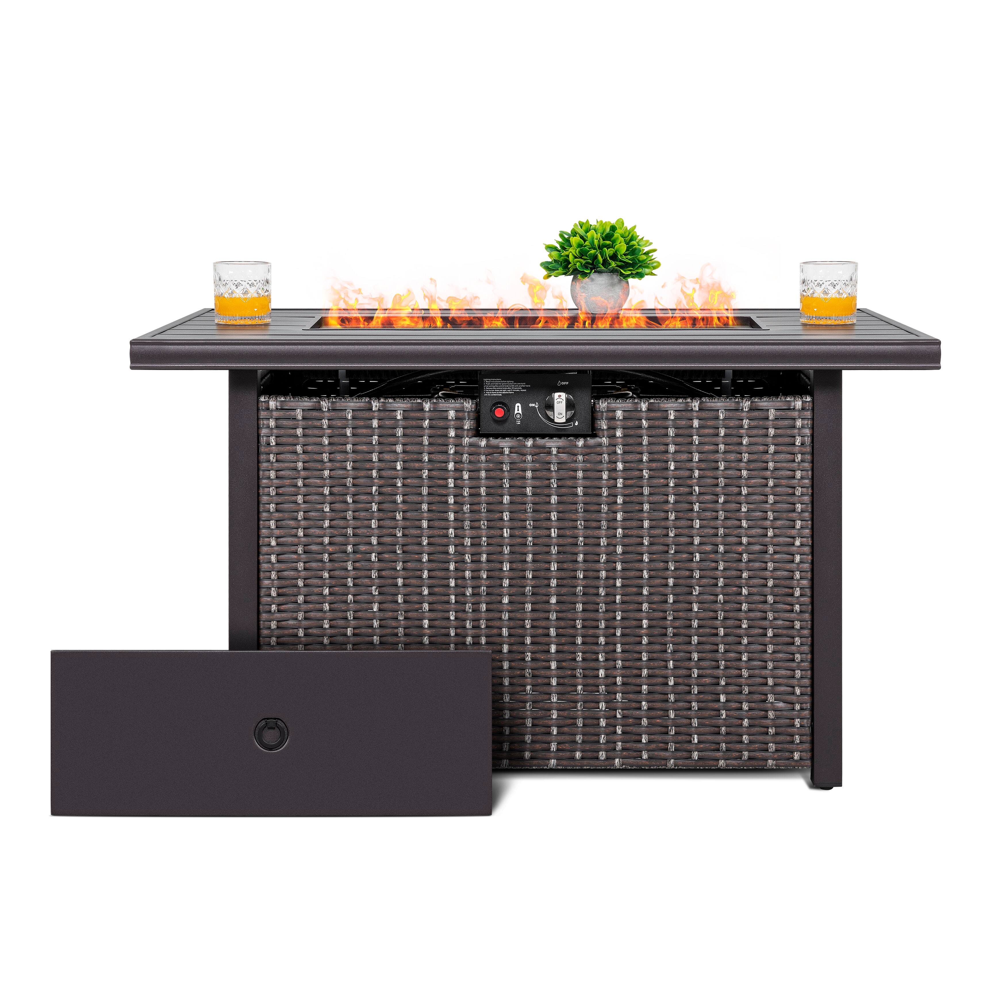 Front. Nuu Garden - 43-inch Rattan Gas Fire Pit Table with Water-proof Oxford Cover, Glass Beads and Lid - Dark Brown.