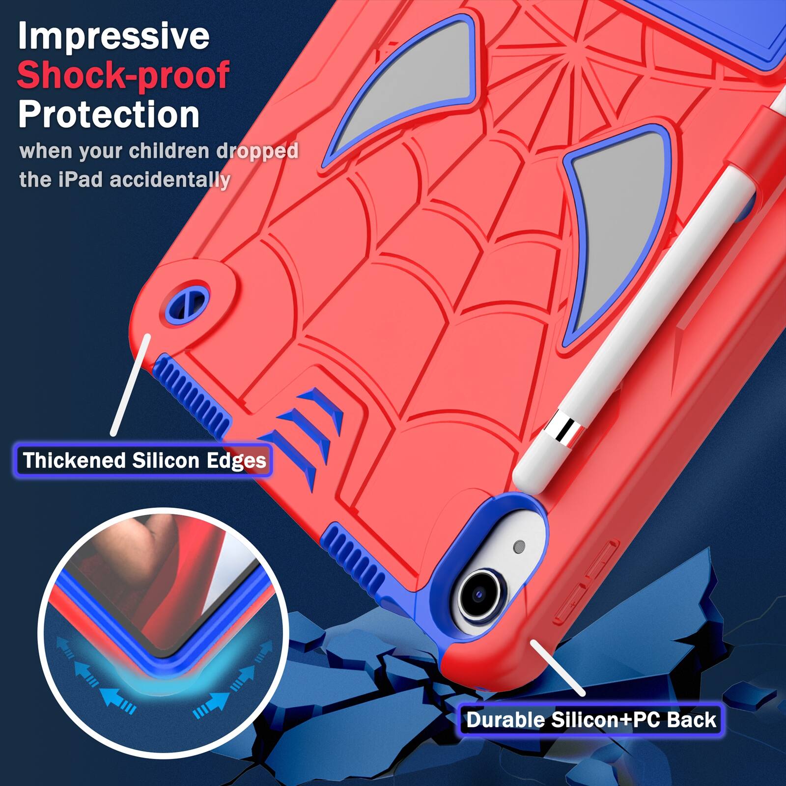 Impressive Shock-proof Protection when your children dropped the iPad accidentally

Thickened Silicon Edges

Durable Silicon+PC Back