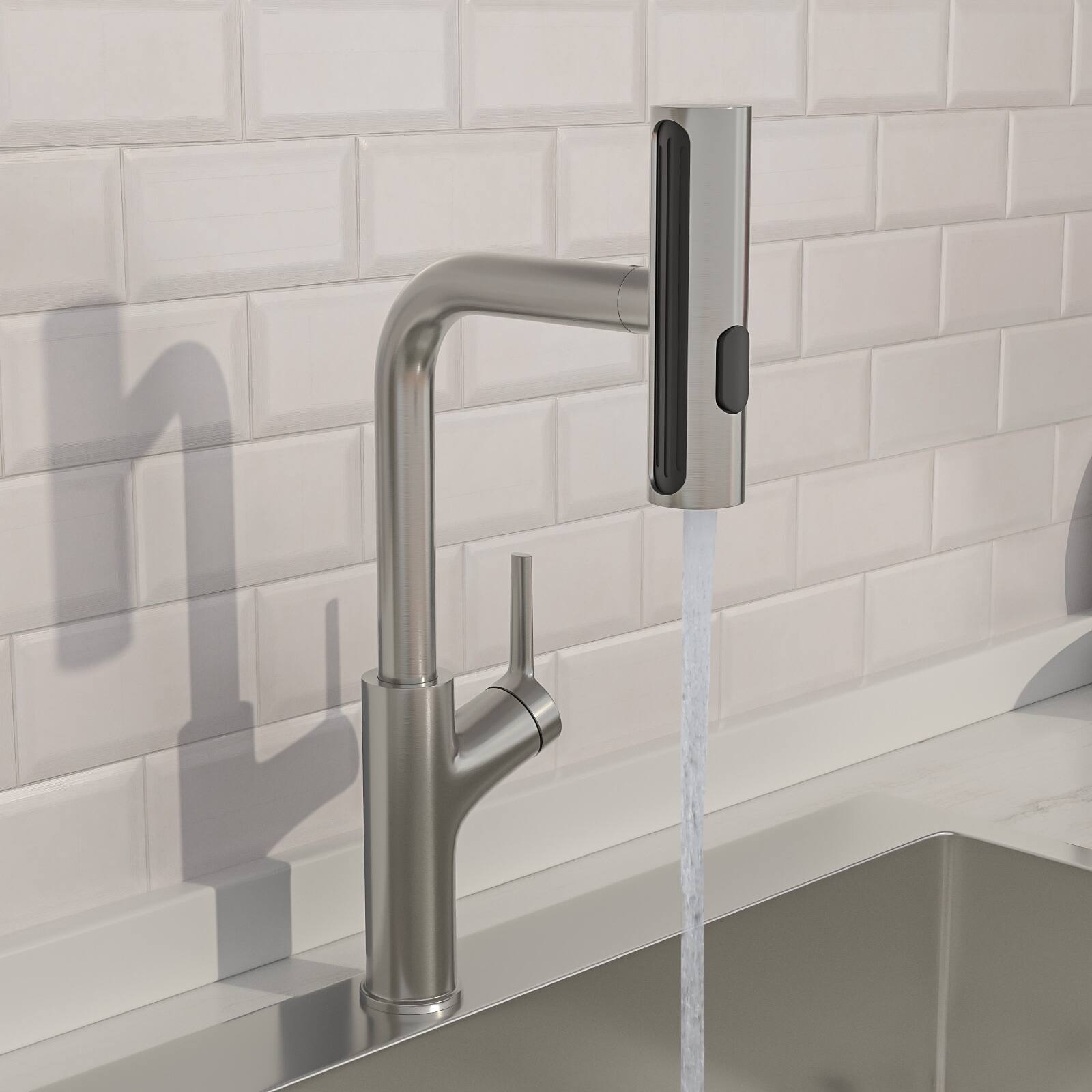 Angle. Lordear - Brushed Nickel 360° Pull-Down Kitchen Faucet with 4 Spray Modes - Brushed Nickel.