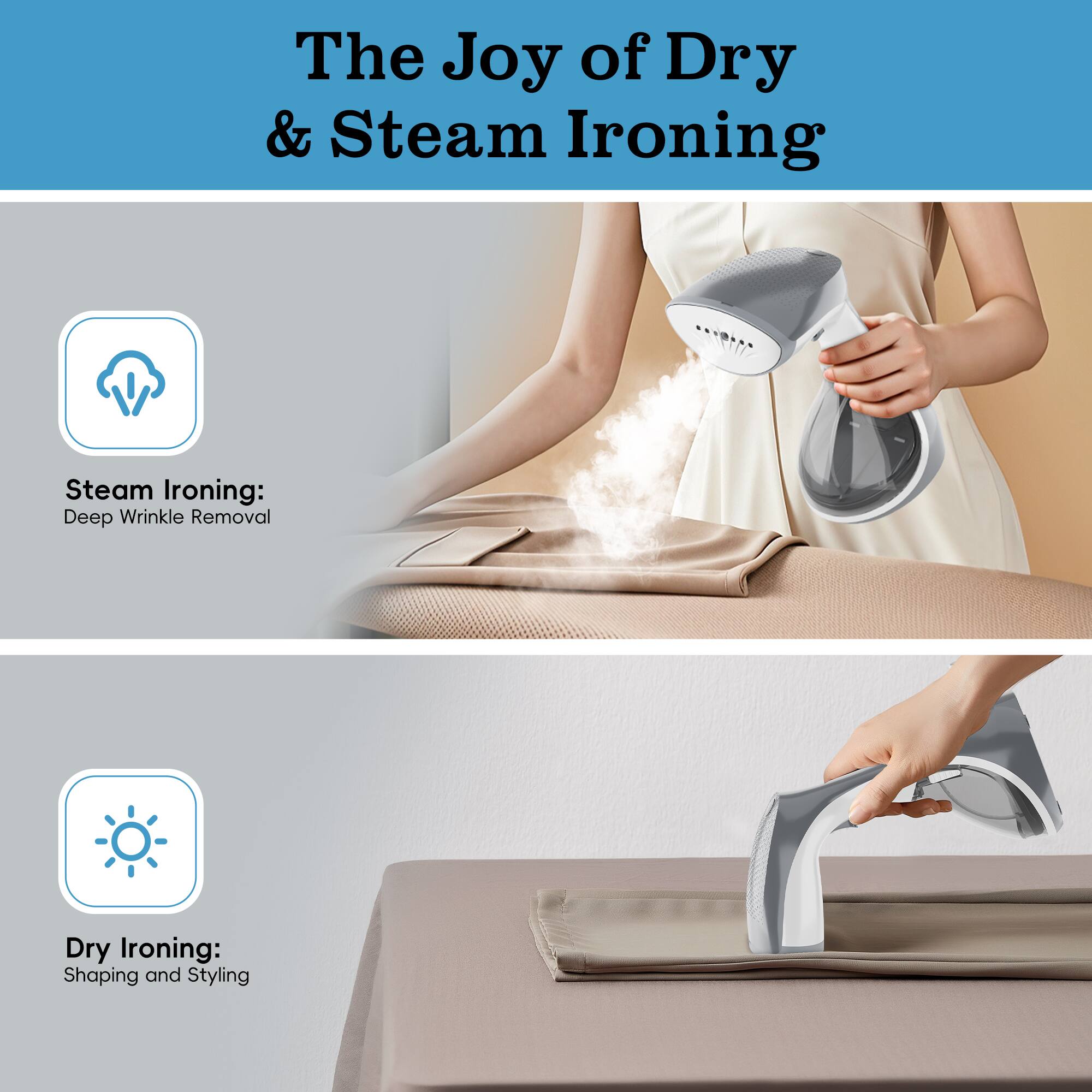 The Joy of Dry & Steam Ironing

Steam Ironing: Deep Wrinkle Removal
Dry Ironing: Shaping and Styling
