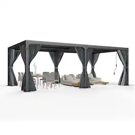 U-HOMY - 10'x20' Aluminum Pergola with Adjustable Rainproof Louver Roof & Integrated Gutter System - Black
