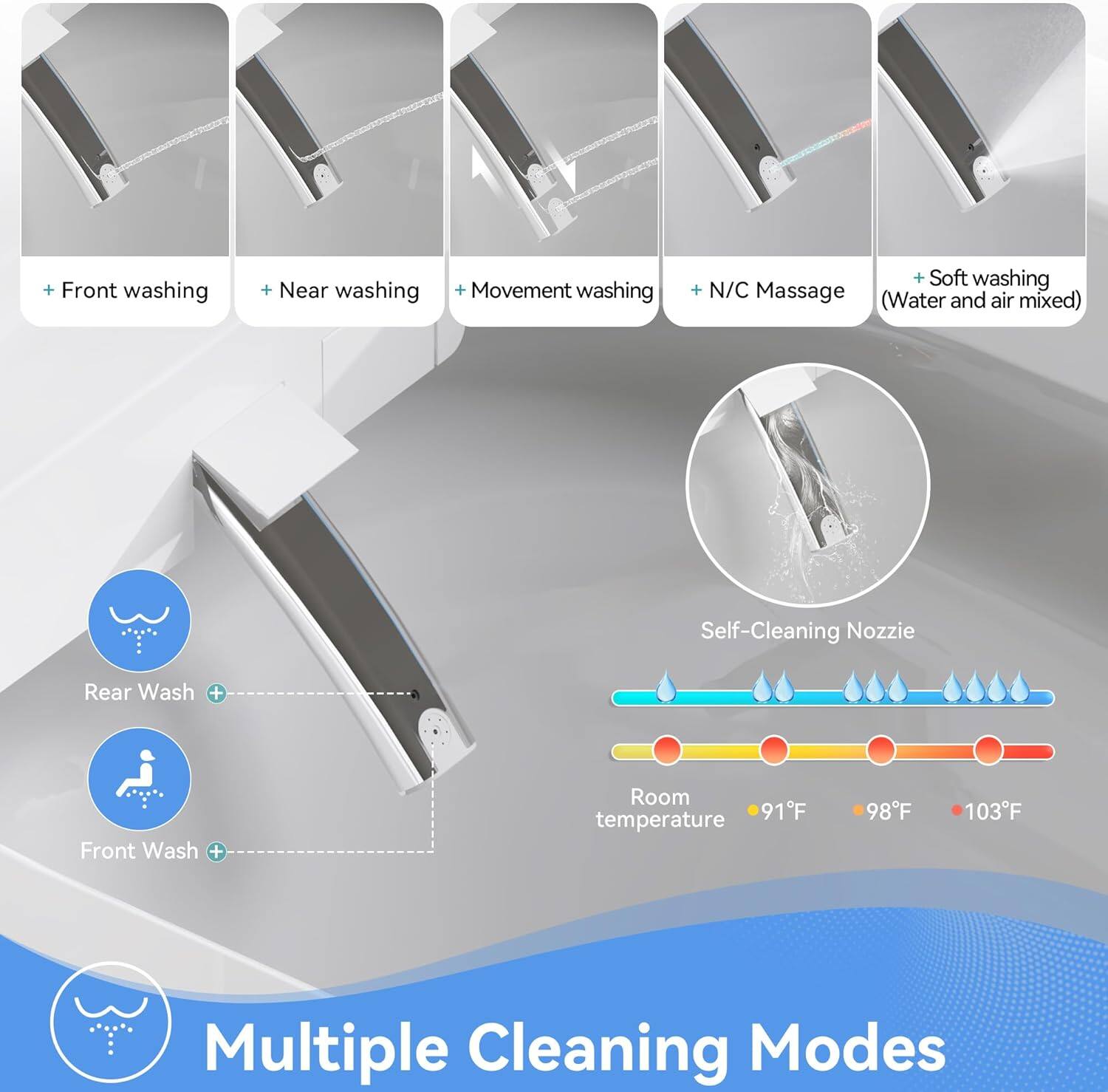 - Front washing
- Near washing
- Movement washing
- N/C Massage (Water and air mixed)
- Soft washing
- Self-Cleaning Nozzle
- Rear Wash
- Front Wash
- Room temperature: 91°F, 98°F, 103°F
- Multiple Cleaning Modes