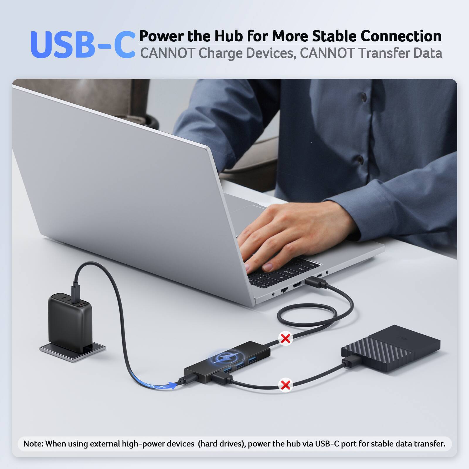 Power the Hub for More Stable Connection
USB-C CANNOT Charge Devices, CANNOT Transfer Data

Note: When using external high-power devices (hard drives), power the hub via USB-C port for stable data transfer.