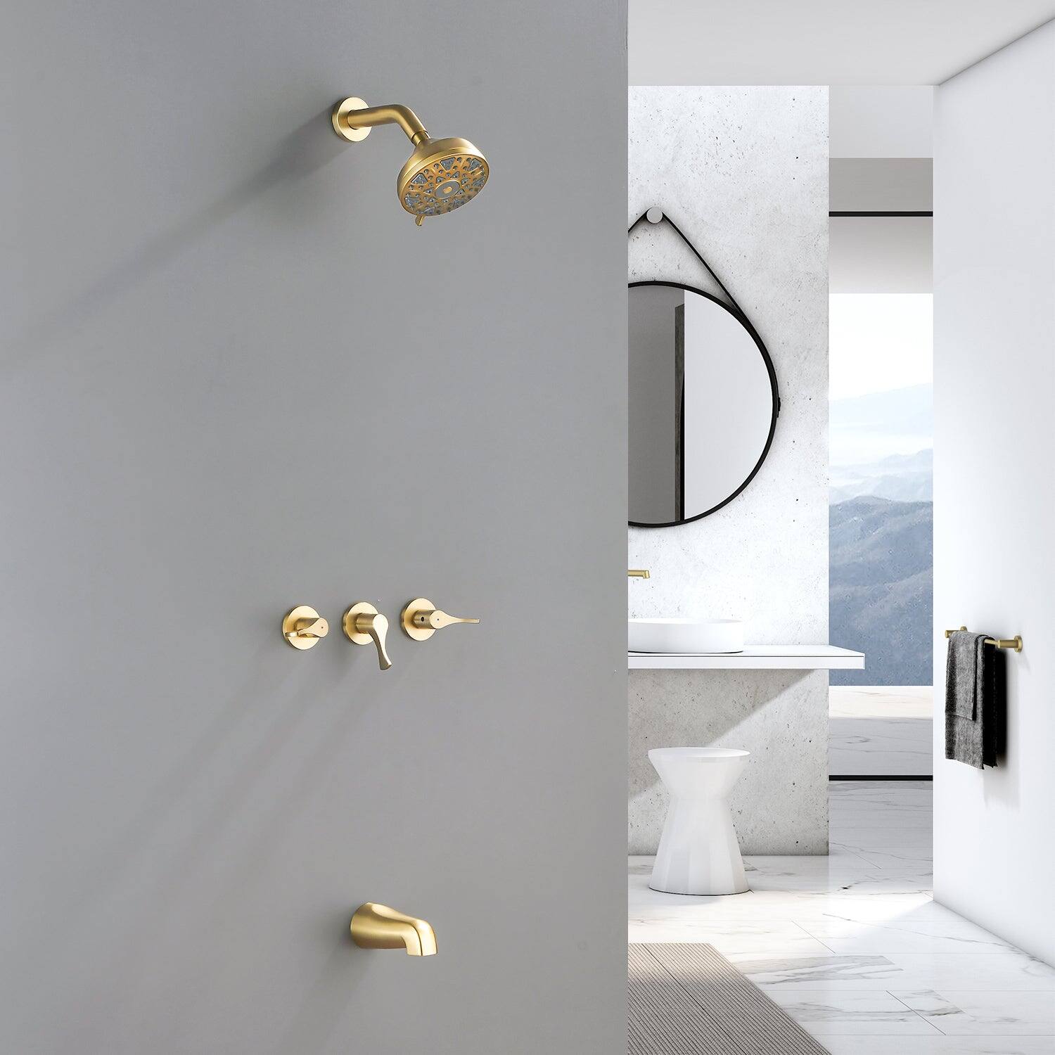 Alt View 2. Boyel Living - Brushed Gold Shower Set with 6 Function ABS Overhead Shower Three Handle Control and High Flow Tub Spout - Brushed Gold.