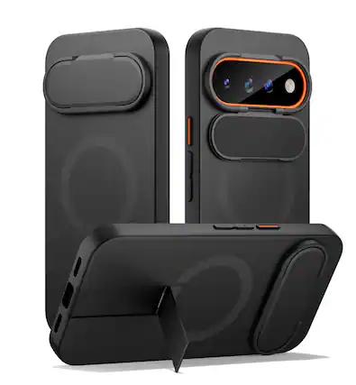 Front. SURITCH - Case for Google Pixel 11 Pro XL Phone Case, Compatible with MagSafe, with Camera Cover & Adjustable Metal Kickstand - Aurora Black.