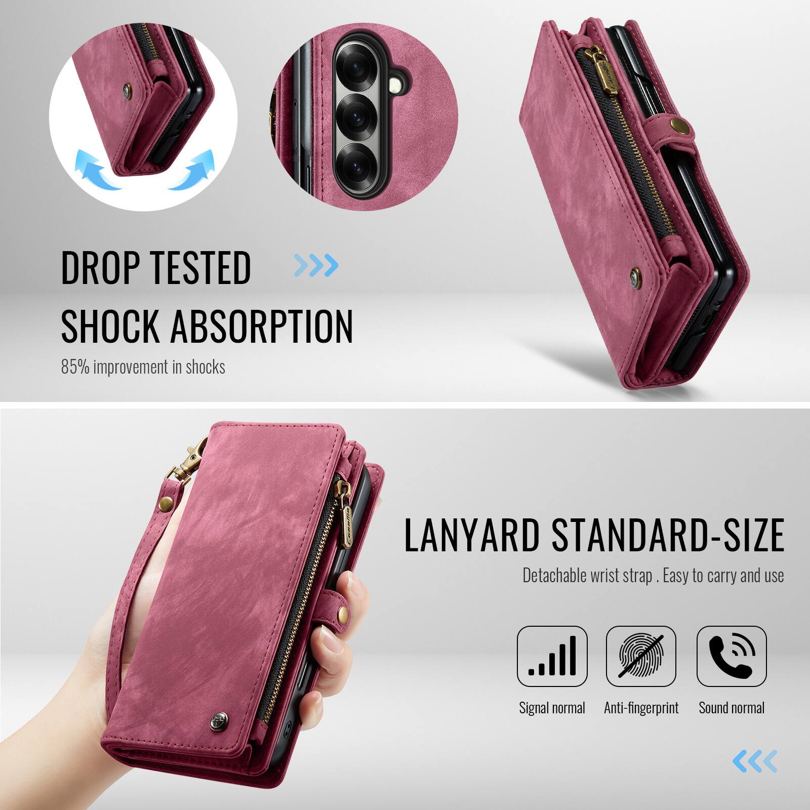 DROP TESTED >>> SHOCK ABSORPTION  
85% improvement in shocks  

LANYARD STANDARD-SIZE  
Detachable wrist strap  
Easy to carry and use  

Signal normal  
Anti-fingerprint  
Sound normal