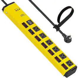 PARKER SLATER - Heavy Duty Power Strip with 6 Outlets, USB Ports, Individual Switches, 1200J Surge Protector, 15A, 6FT Cord – Metal - Yellow