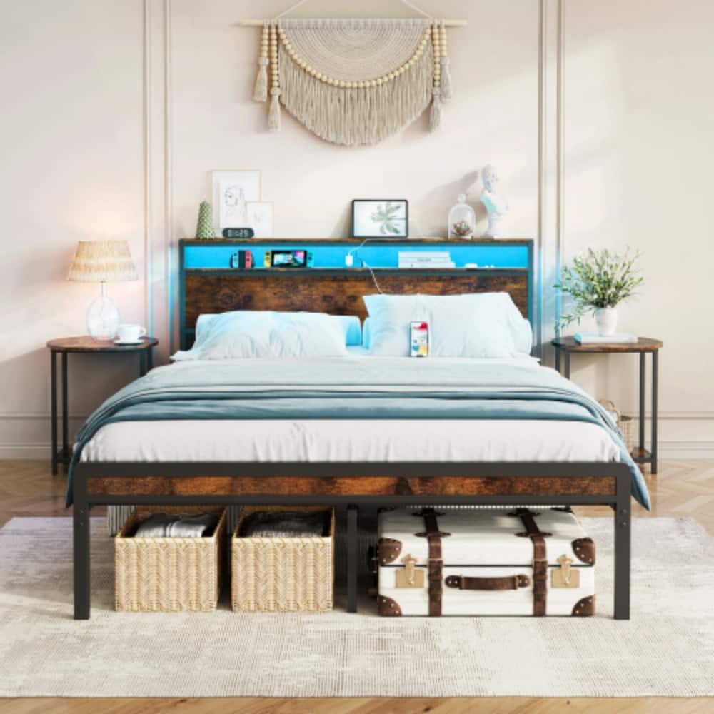 LUCKY ONE - Full Size Metal Bed Frame with Headboard and Footboard, LED Lighting, Heavy Duty Steel Slats, No Box Spring Needed - Antique brown