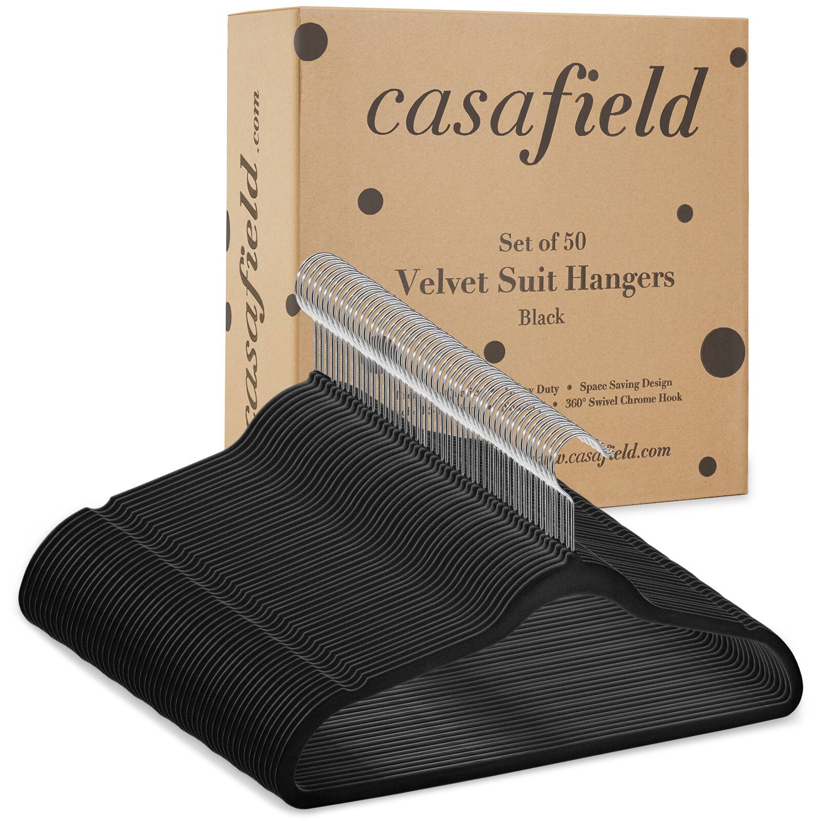 casafield.com  
Set of 50  
Velvet Suit Hangers  
Black  
Space Saving Design  
Duty  
360° Swivel Chrome Hook  
www.casafield.com