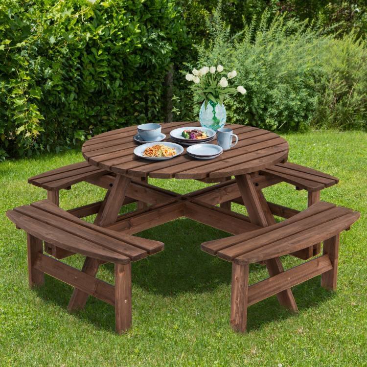 Angle. Hivvago - 8-Set Outdoor Solid Wood Round Picnic Table with 4 Benches Patio Garden Dining Set - Brown.