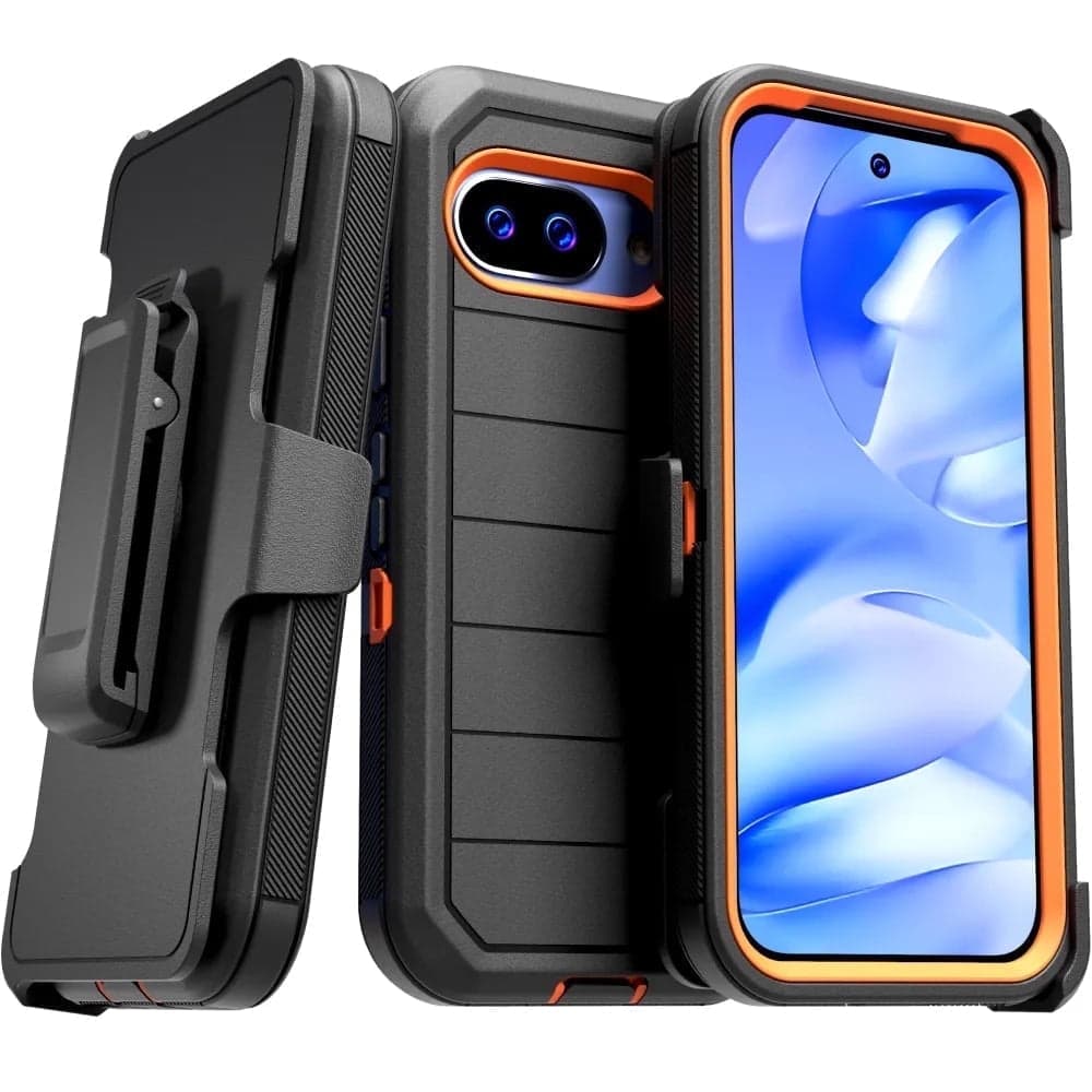 Front. RomeTech - Defender Case for Google Pixel 9a - Black / Orange - Black / Orange.